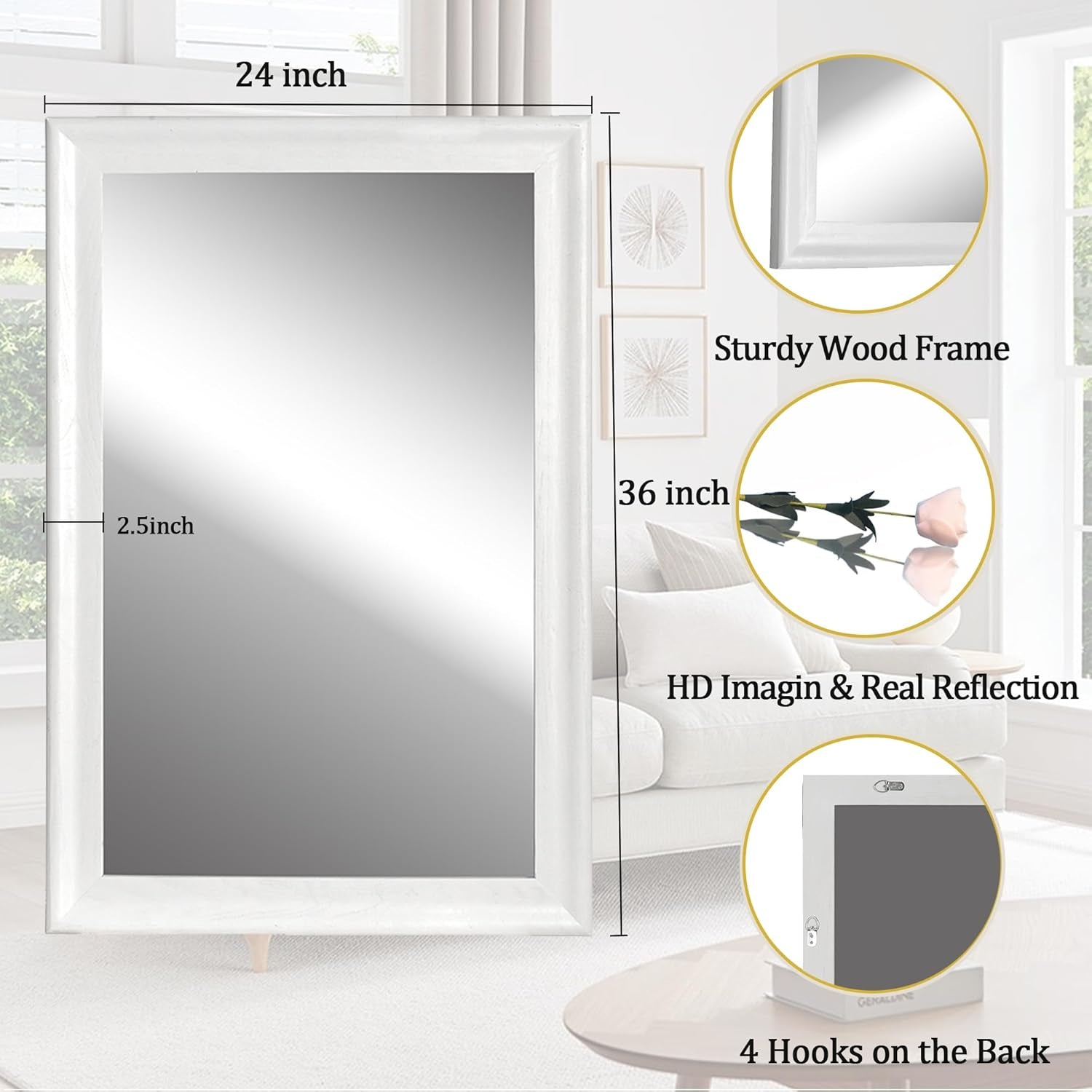 White Wood Wall Mirror for Bathroom,Rectangle Rustic 24 X 36 Inch Hanging Vanity Mirrors with Wooden Frame for Living Room,Bedroom,Entryway (24X36 Inch, White)