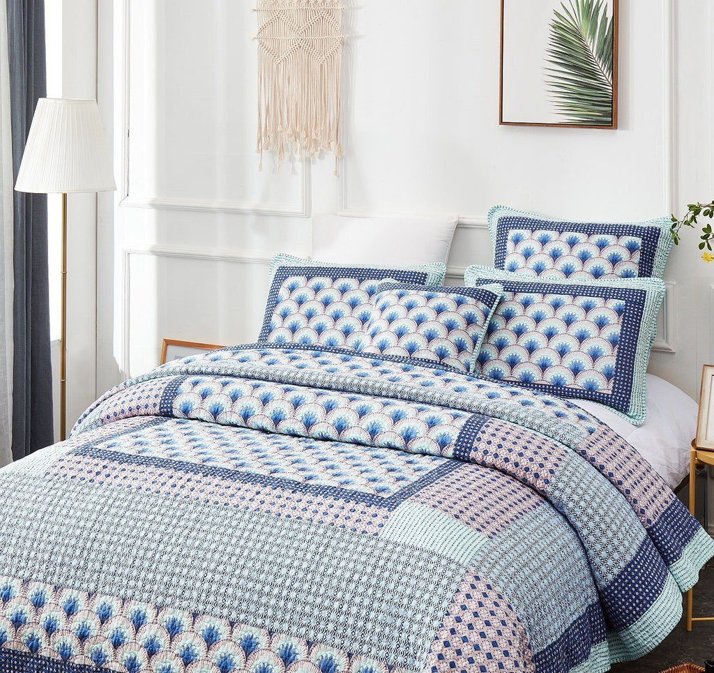 DaDa Bedding Mediterranean Blue Mint Green Patchwork Quilted Bedspread Set (JHW-884)