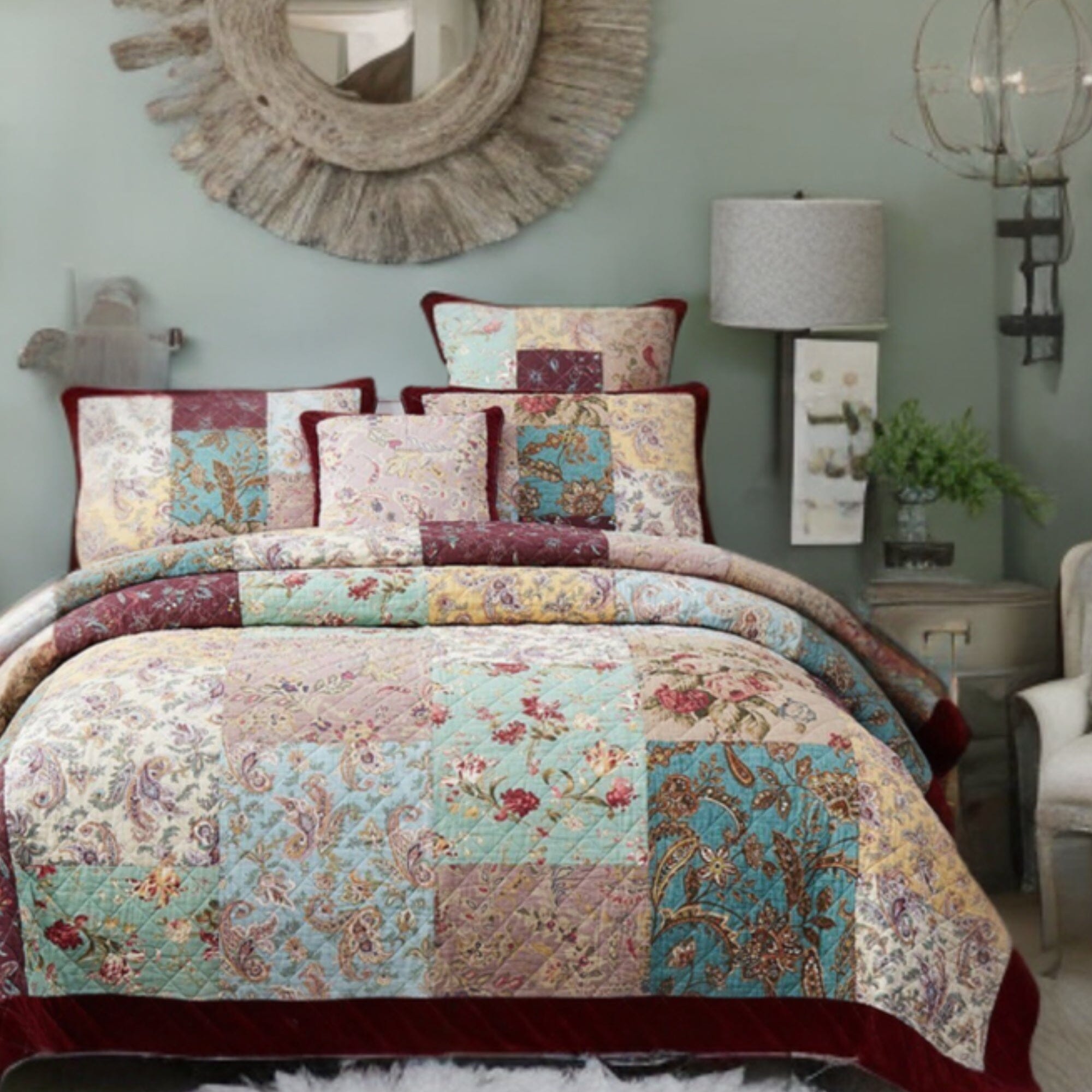 DaDa Bedding Collection DaDa Bedding Bohemian Burgundy Red Velvet Trim Floral Paisley Patchwork Cotton Bedspread Set (JHW - 868) | Direct Furnish