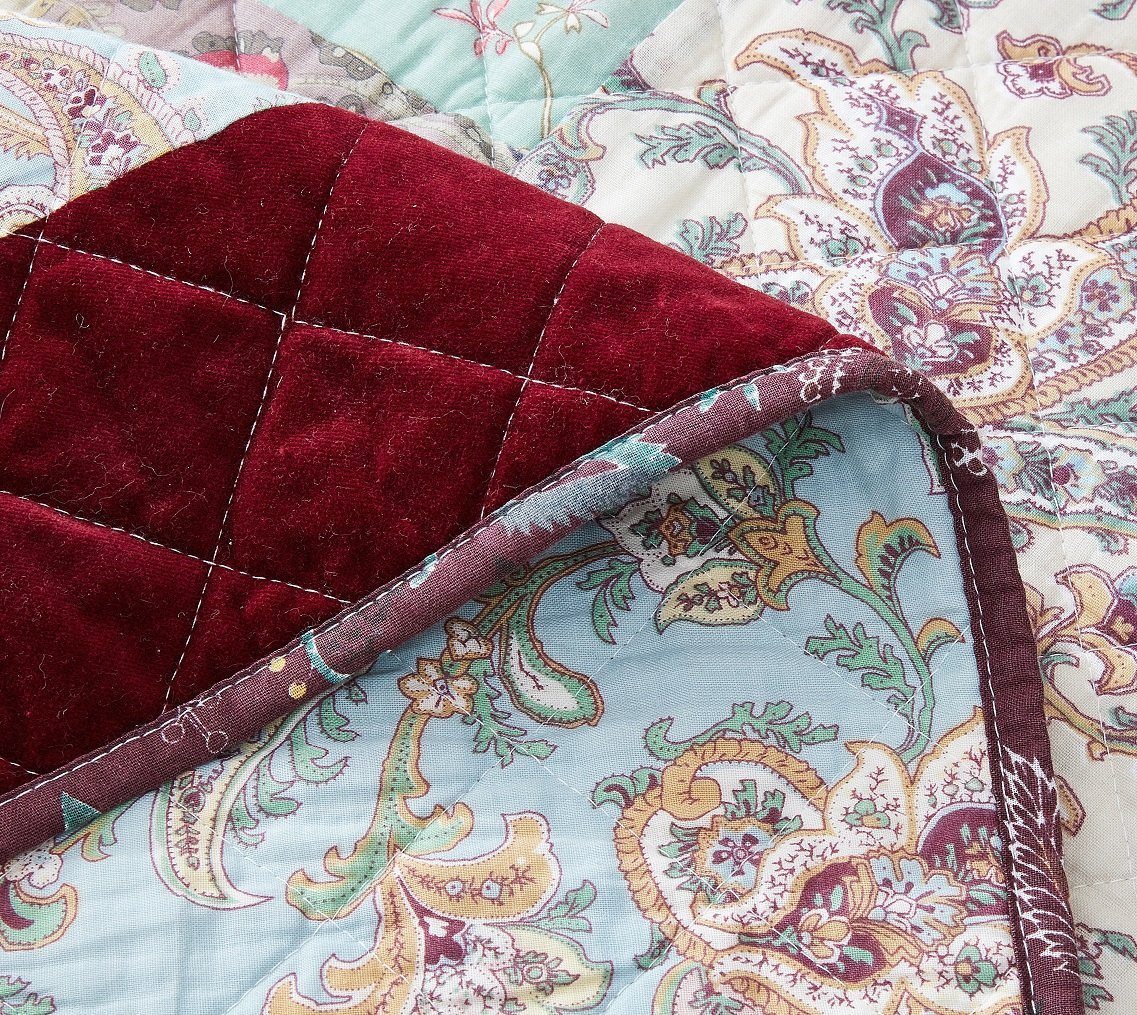 DaDa Bedding Collection DaDa Bedding Bohemian Burgundy Red Velvet Trim Floral Paisley Patchwork Cotton Bedspread Set (JHW - 868) | Direct Furnish