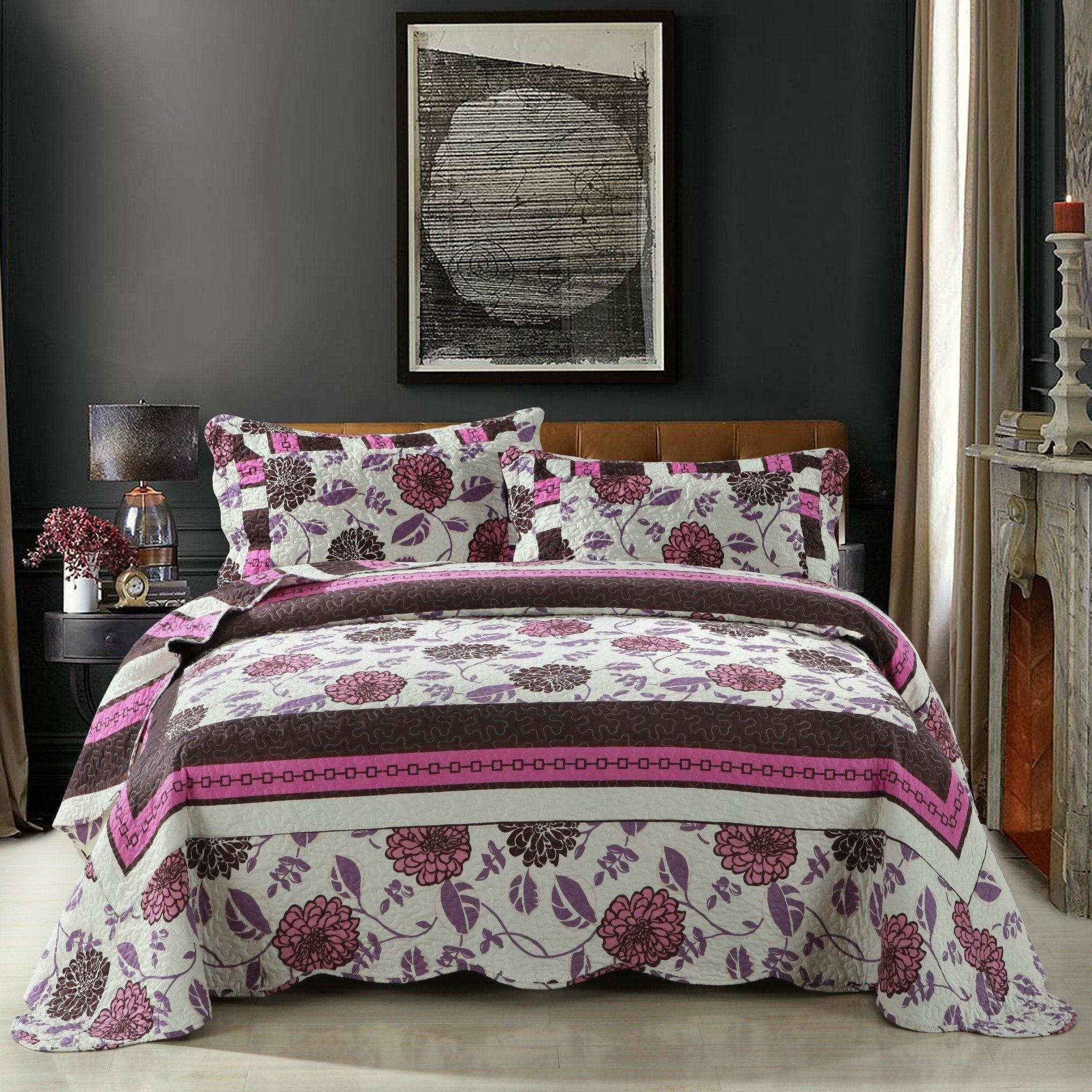 DaDa Bedding Collection DaDa Bedding Bohemian Purple Blooms Floral Garden Pink Brown Bedspread Set (KBJ1629) | Direct Furnish