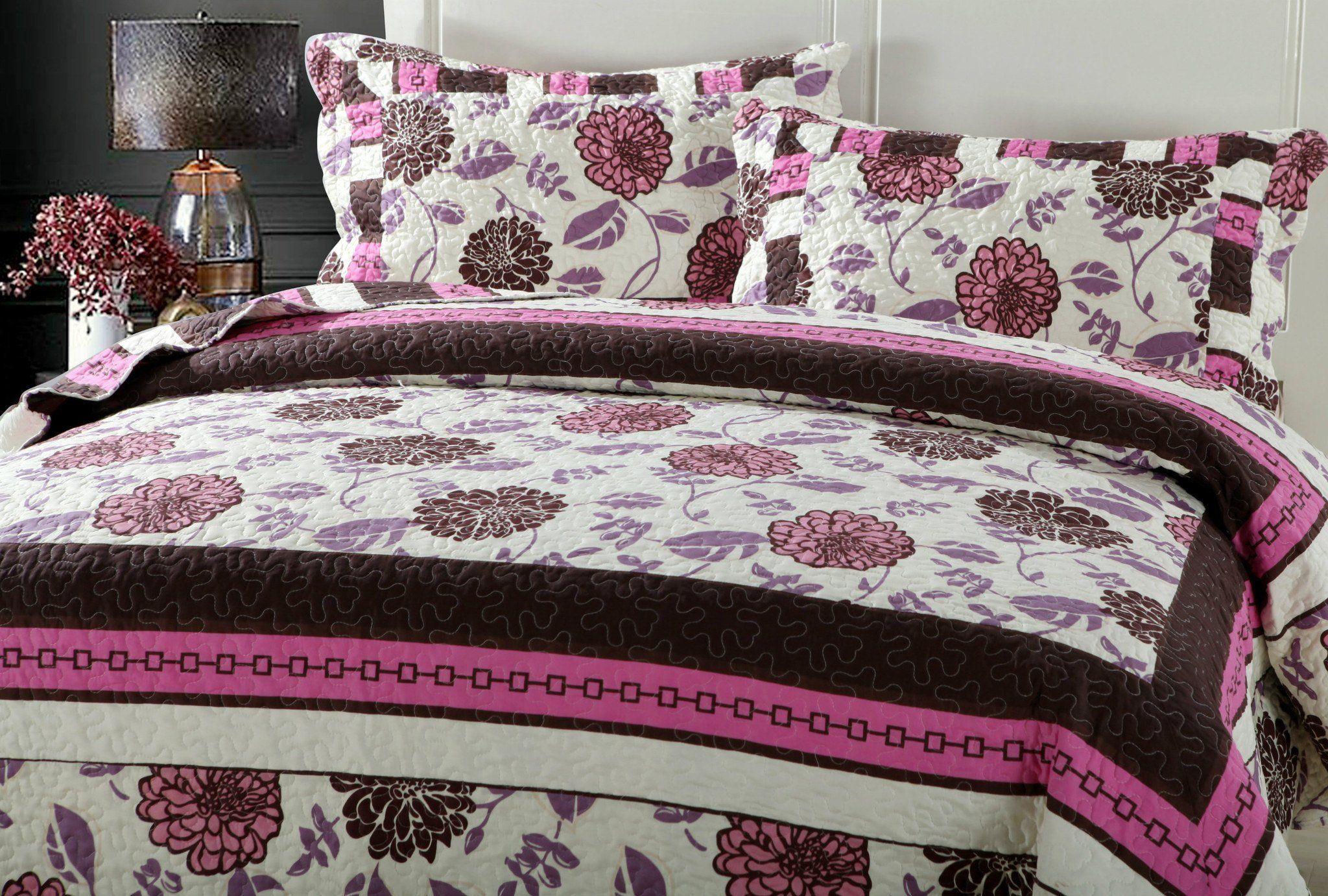 DaDa Bedding Collection DaDa Bedding Bohemian Purple Blooms Floral Garden Pink Brown Bedspread Set (KBJ1629) | Direct Furnish