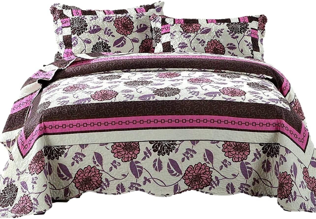 DaDa Bedding Collection DaDa Bedding Bohemian Purple Blooms Floral Garden Pink Brown Bedspread Set (KBJ1629) | Direct Furnish