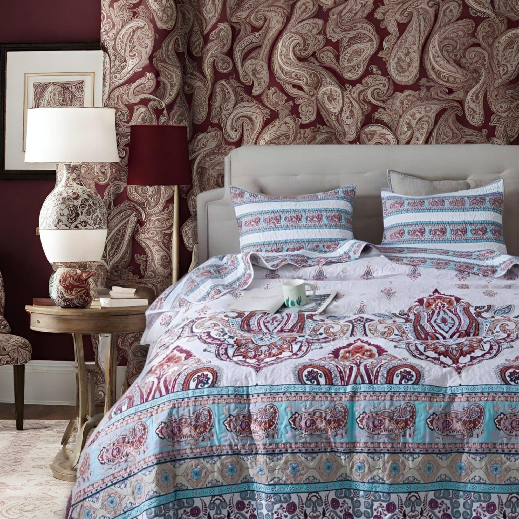 DaDa Bedding Collection DaDa Bedding Bohemian Summertime White Blue Floral Paisley Bedspread Set (KSX - 003) | Direct Furnish