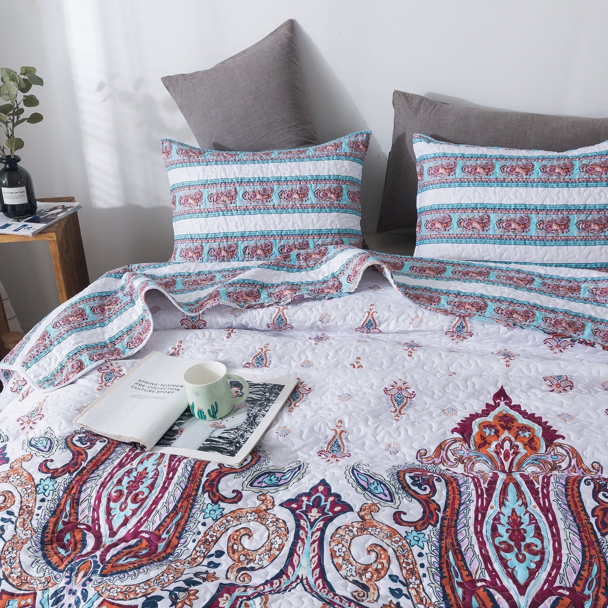 DaDa Bedding Collection DaDa Bedding Bohemian Summertime White Blue Floral Paisley Bedspread Set (KSX - 003) | Direct Furnish