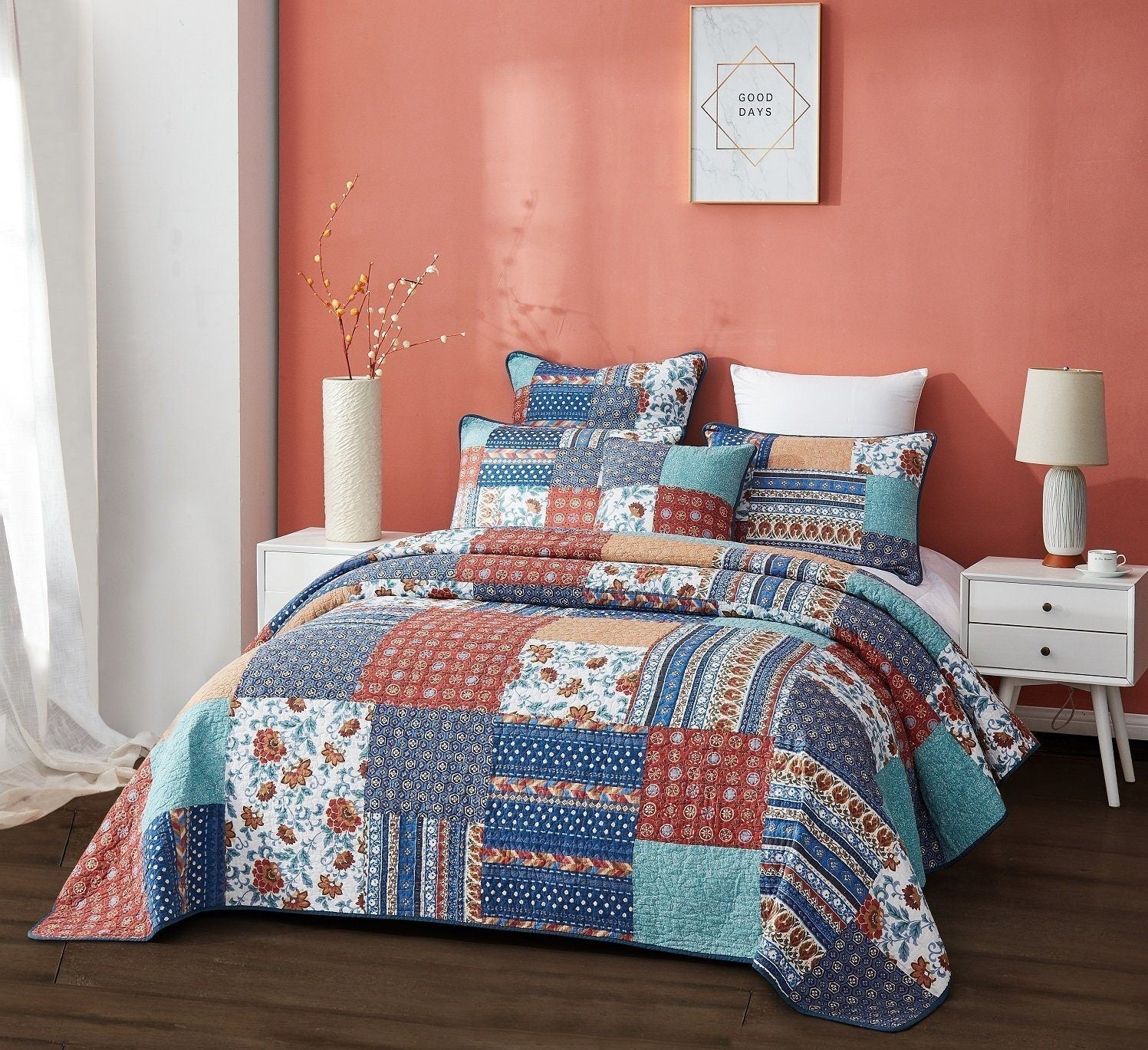 DaDa Bedding Collection DaDa Bedding Bohemian Vibes Mediterranean Blue Floral Patchwork Quilted Bedspread Set (JHW878) | Direct Furnish