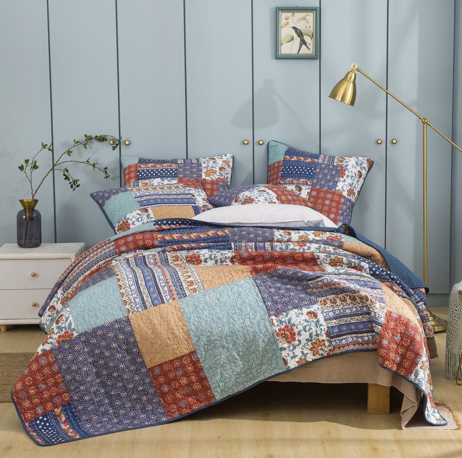 DaDa Bedding Collection DaDa Bedding Bohemian Vibes Mediterranean Blue Floral Patchwork Quilted Bedspread Set (JHW878) | Direct Furnish