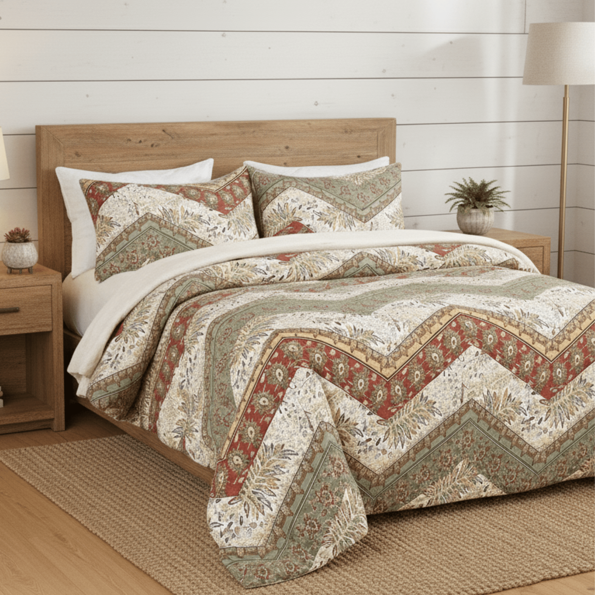 DaDa Bedding Collection DaDa Bedding Botanical Cranberry Sage Chevron Floral Duvet Cover Set w/ Pillow Cases (JHW - 924) | Direct Furnish