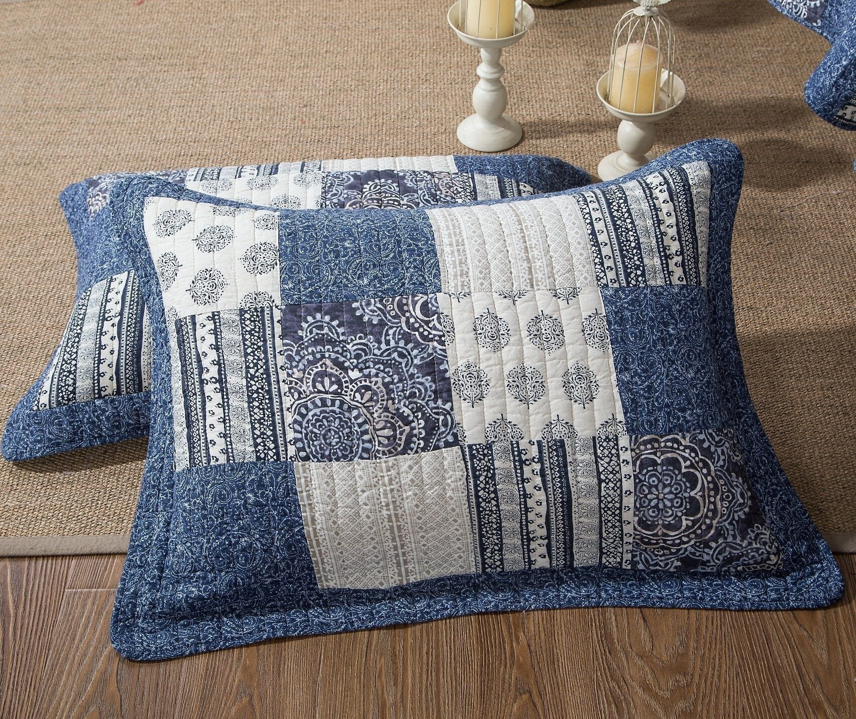 DaDa Bedding Collection DaDa Bedding Denim Blue Elegance Floral Patchwork Farmhouse Pillow Sham (JHW660) | Direct Furnish