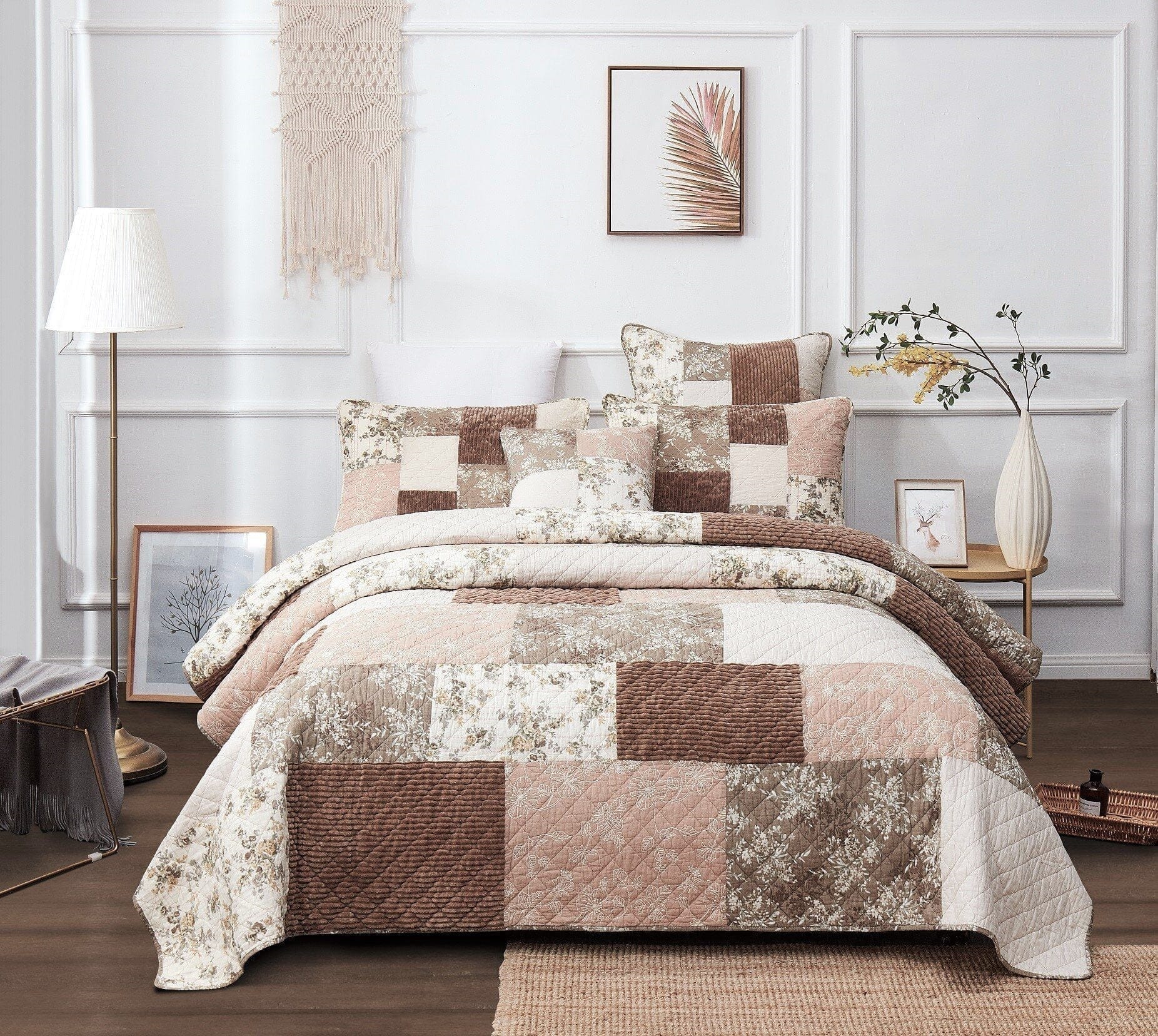 DaDa Bedding Collection DaDa Bedding Dusty Rose Taupe Beige Brown Floral Cottage Patchwork Quilted Bedspread Set (JHW - 866) | Direct Furnish