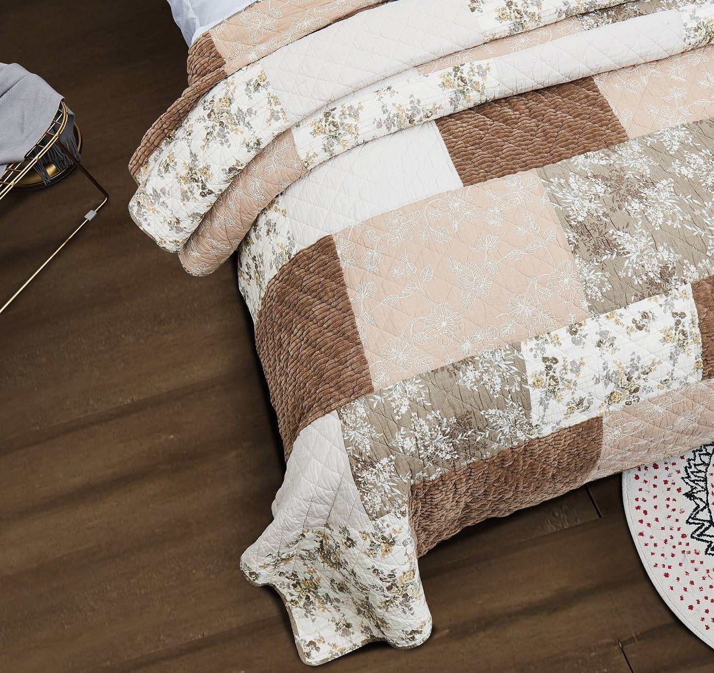 DaDa Bedding Collection DaDa Bedding Dusty Rose Taupe Beige Brown Floral Cottage Patchwork Quilted Bedspread Set (JHW - 866) | Direct Furnish