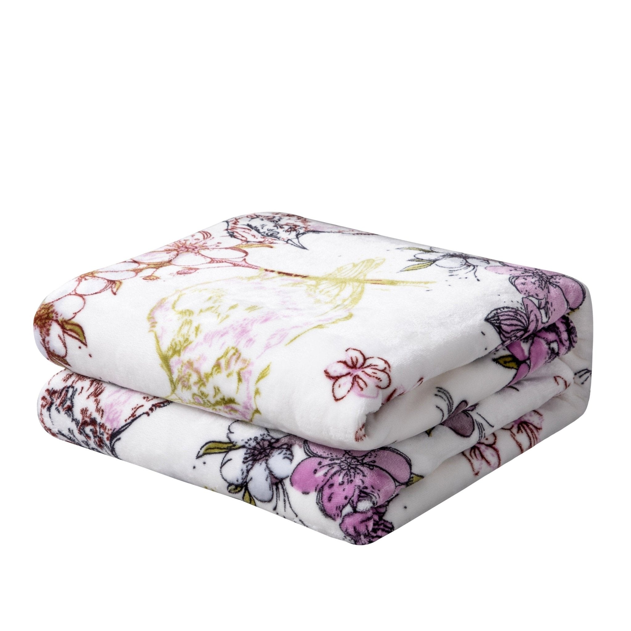 DaDa Bedding Collection DaDa Bedding Floral Blossoms Spring Cottage Birds Soft Fleece Throw Blanket (XY1010) | Direct Furnish