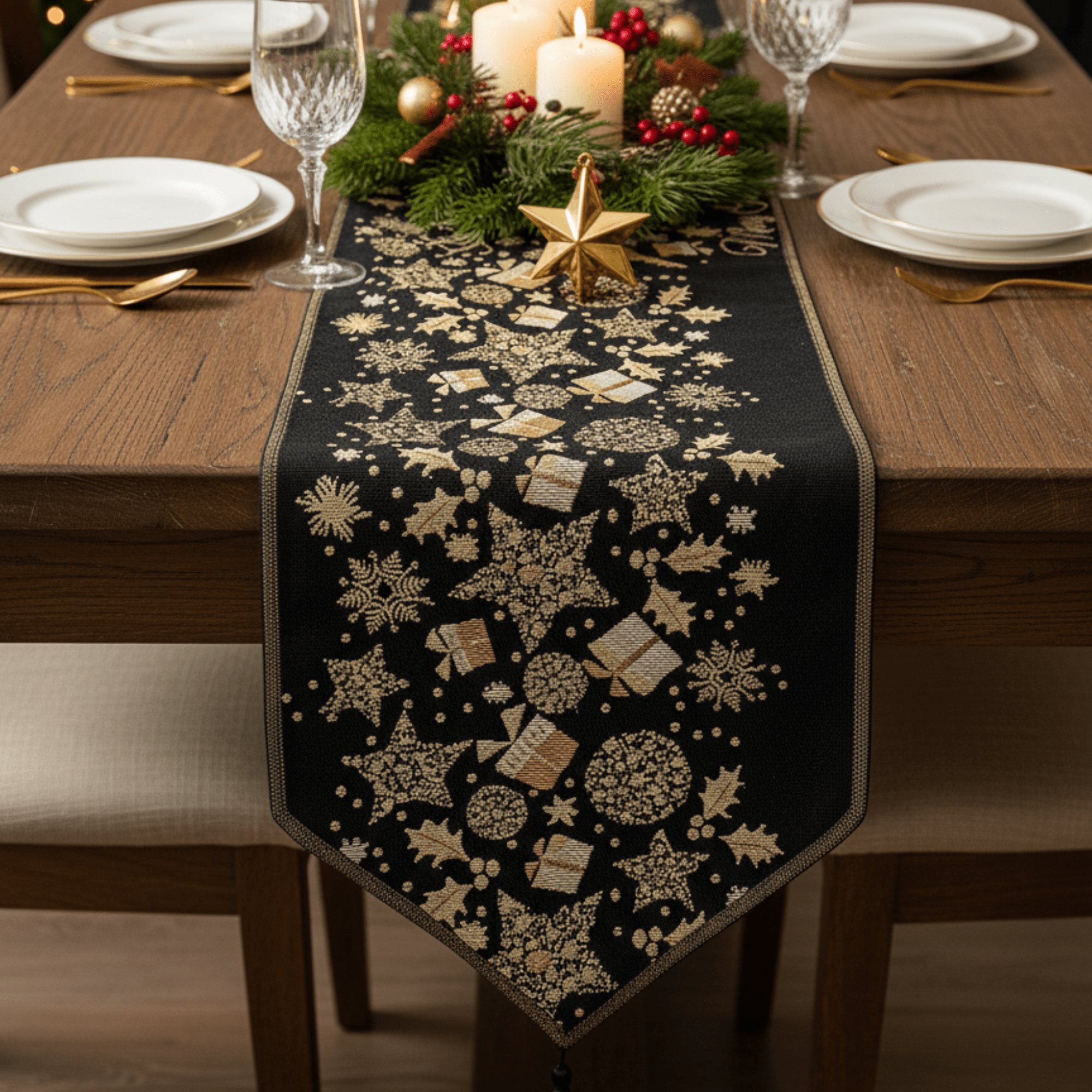 DaDa Bedding Collection DaDa Bedding Magical Golden Reindeer Woven Tapestry Dining Table Runner (18272) | Direct Furnish