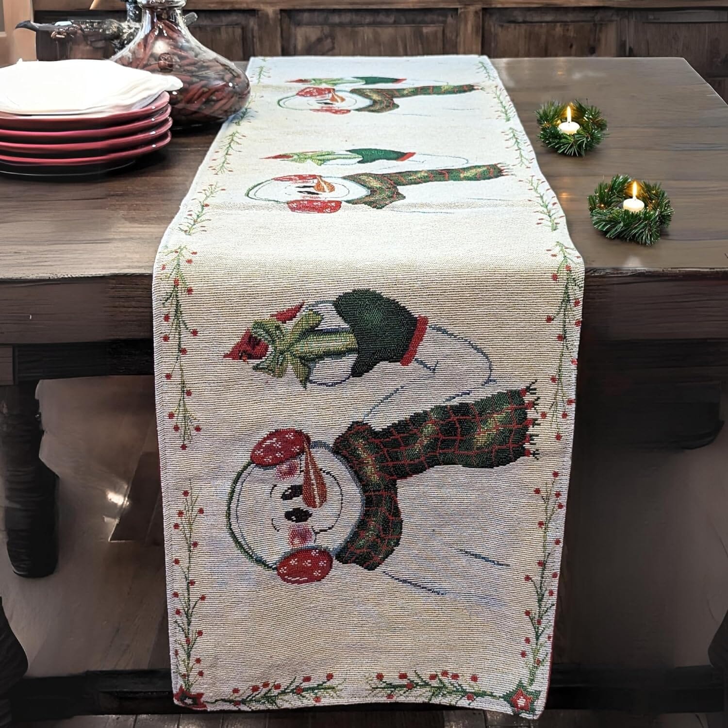 DaDa Bedding Collection DaDa Bedding Magical Snowman Holiday Woven Tapestry Dining Table Runner (9733) | Direct Furnish