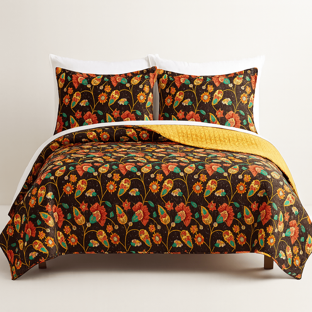 DaDa Bedding Collection DaDa Bedding Marigold’s Floral Brown Yellow Botanical Garden Quilted Bedspread Set (HS - 3330) | Direct Furnish