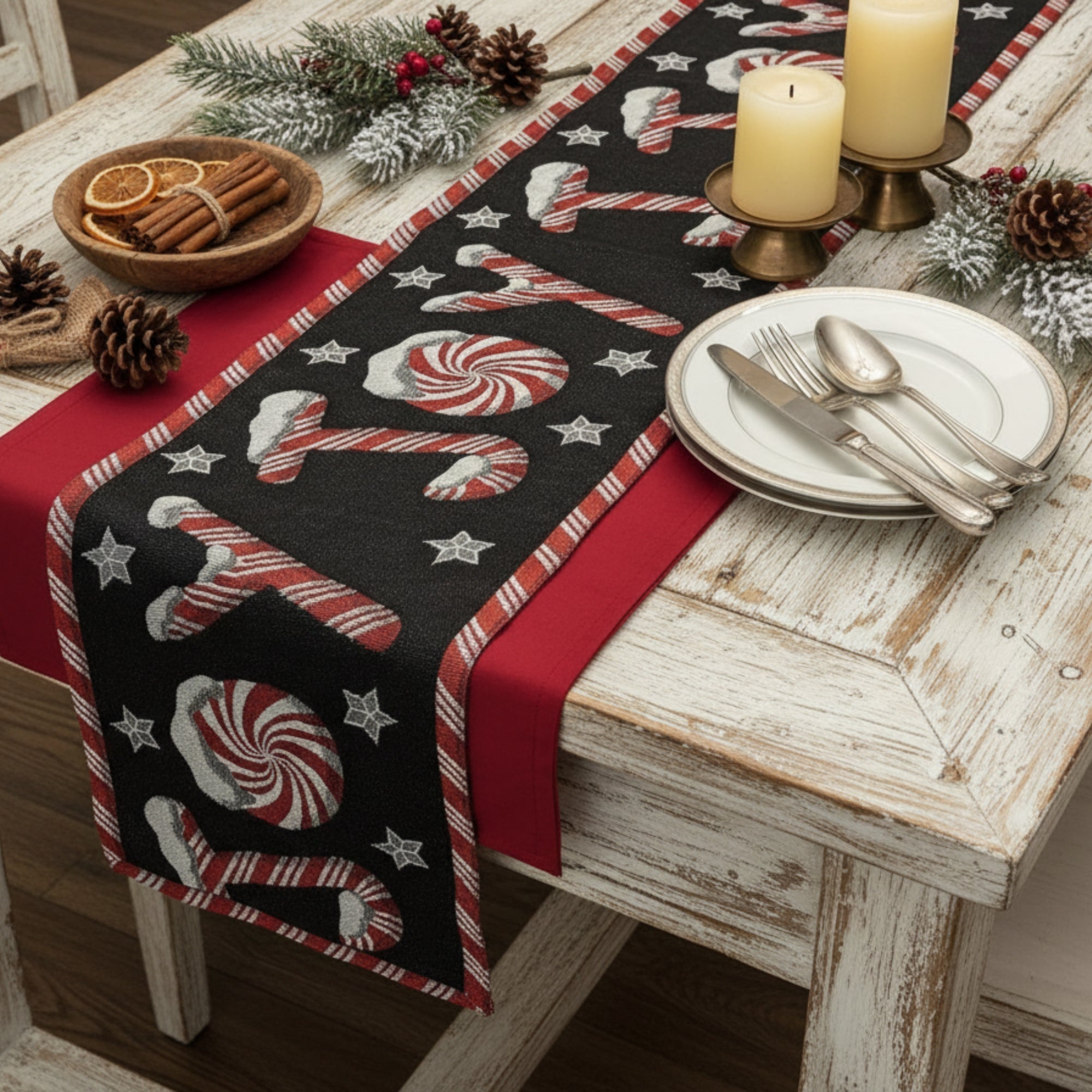 DaDa Bedding Collection DaDa Bedding Peppermint Joy Red Black Holiday Tapestry Dining Table Runner (12904) | Direct Furnish
