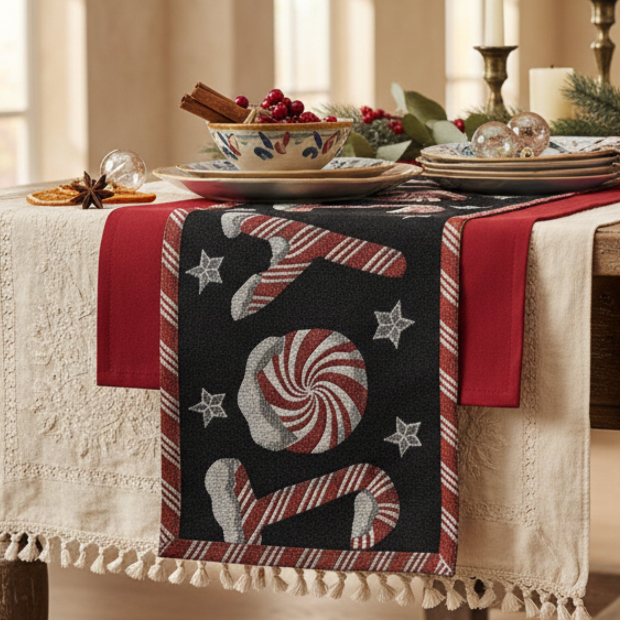 DaDa Bedding Collection DaDa Bedding Peppermint Joy Red Black Holiday Tapestry Dining Table Runner (12904) | Direct Furnish