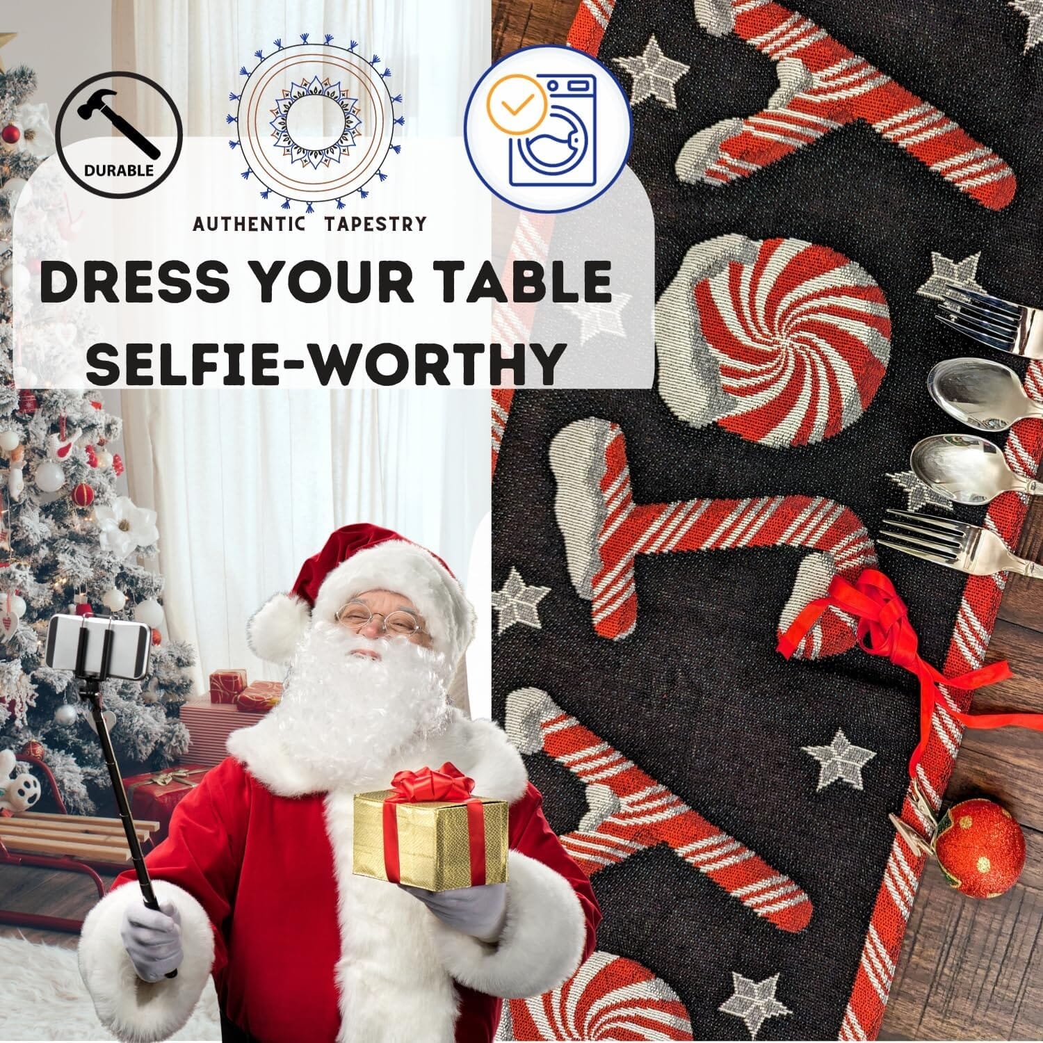 DaDa Bedding Collection DaDa Bedding Peppermint Joy Red Black Holiday Tapestry Dining Table Runner (12904) | Direct Furnish