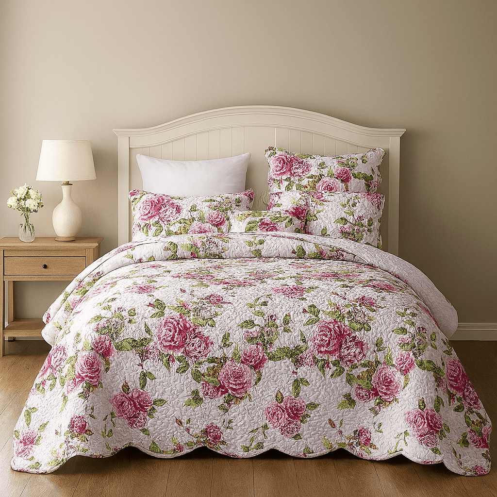 DaDa Bedding Collection DaDa Bedding Romantic Roses Lovely Spring Pink Floral Quilted Scalloped Bedspread Set (JHW879) | Direct Furnish