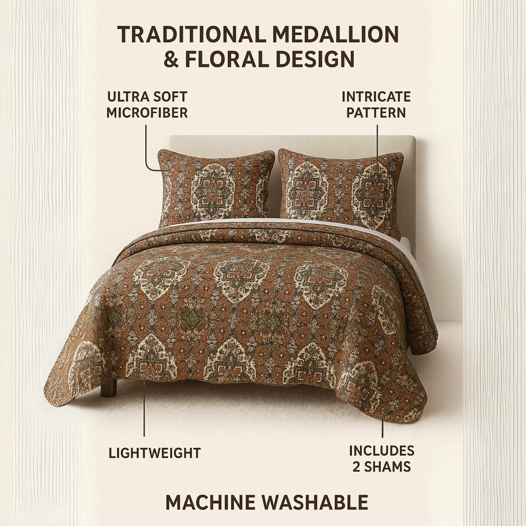 DaDa Bedding Collection DaDa Bedding Rustic Earthy Cross Motif Folk Ogee Moroccan Scalloped Quilted Bedspread Set (JHW - 944) | Direct Furnish