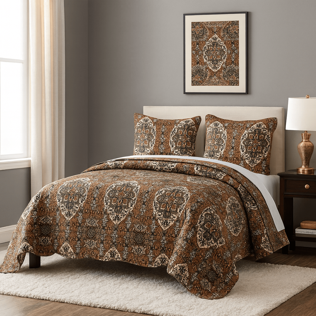 DaDa Bedding Collection DaDa Bedding Rustic Earthy Cross Motif Folk Ogee Moroccan Scalloped Quilted Bedspread Set (JHW - 944) | Direct Furnish