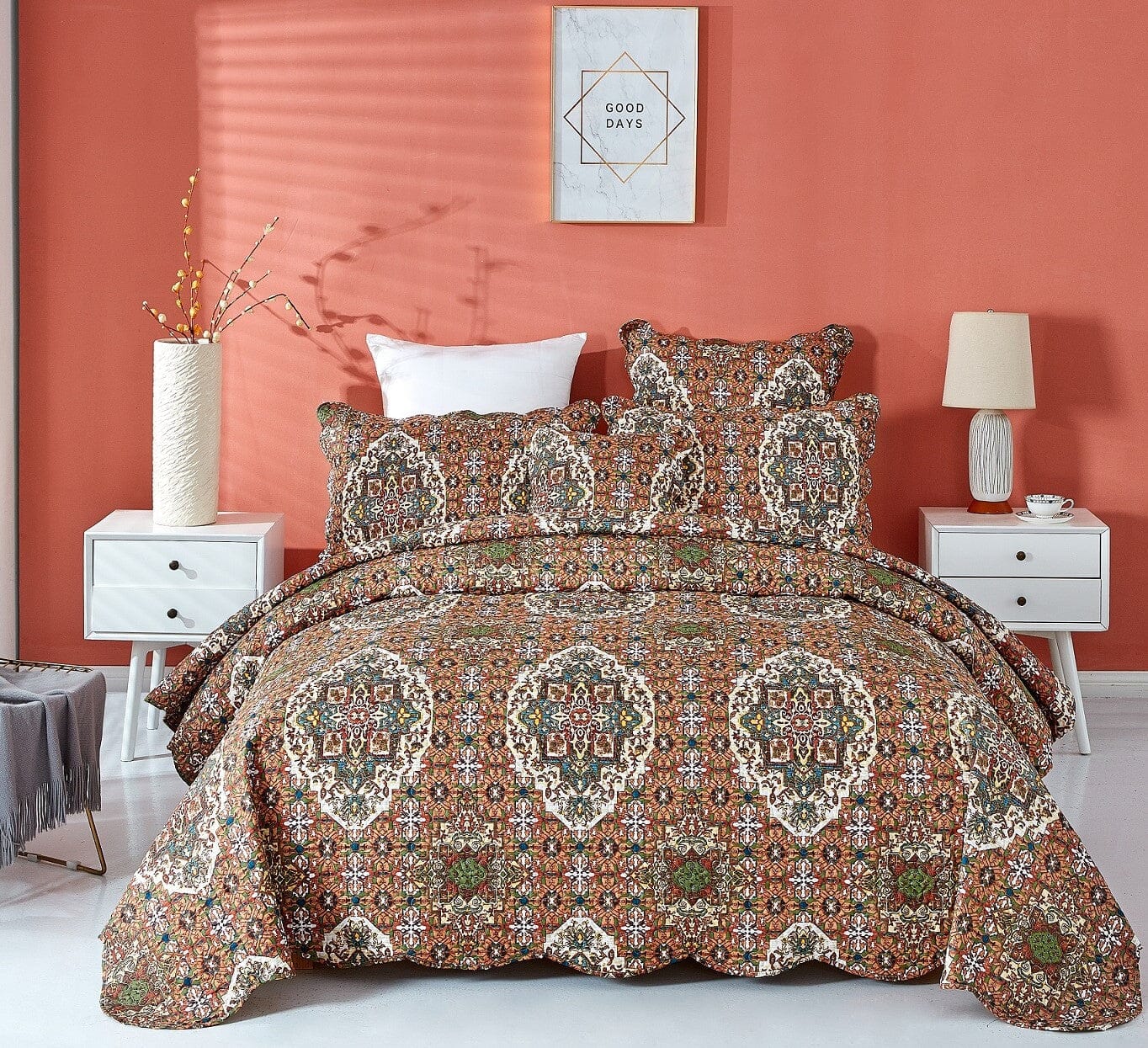 DaDa Bedding Collection DaDa Bedding Rustic Earthy Cross Motif Folk Ogee Moroccan Scalloped Quilted Bedspread Set (JHW - 944) | Direct Furnish