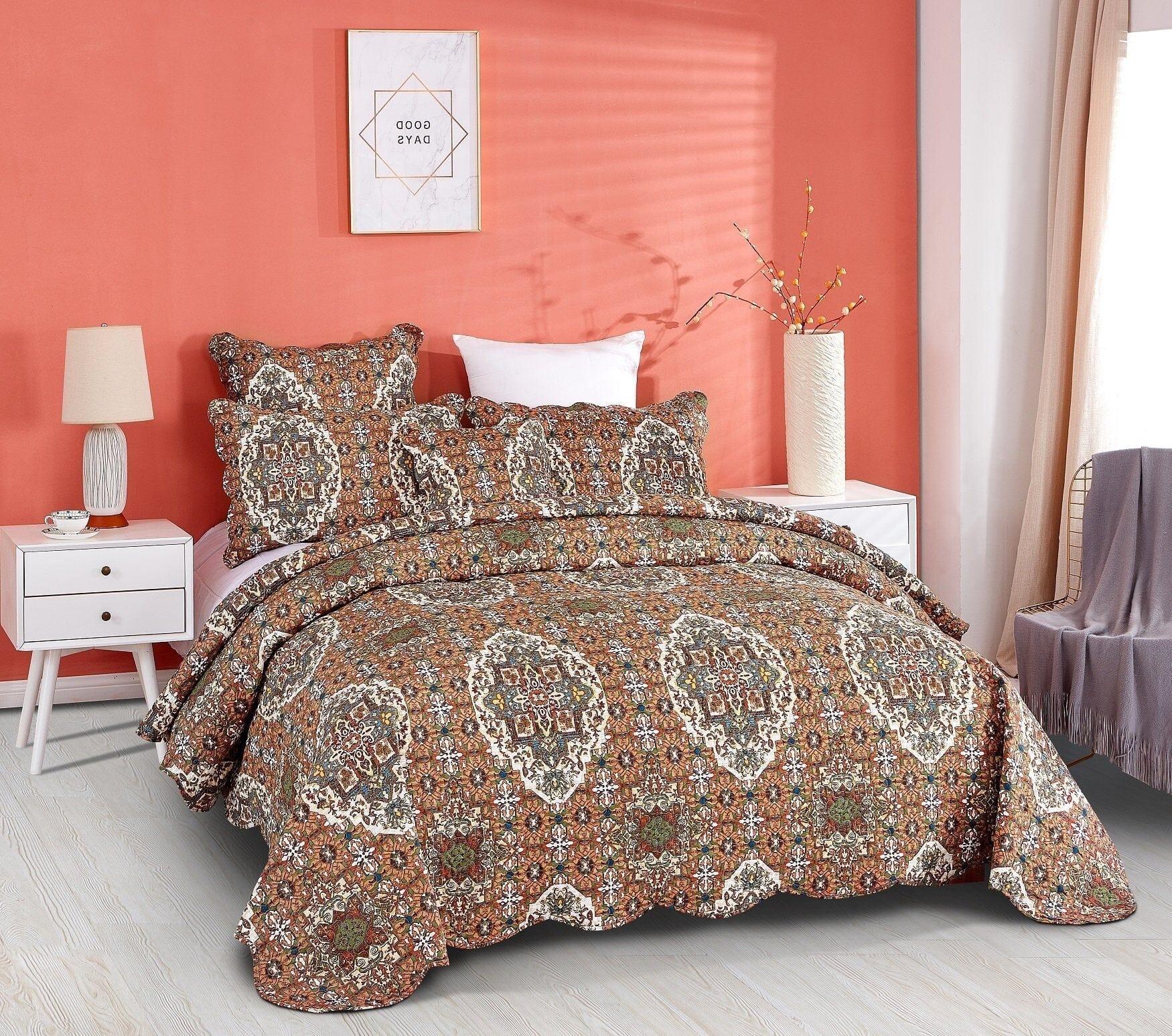 DaDa Bedding Collection DaDa Bedding Rustic Earthy Cross Motif Folk Ogee Moroccan Scalloped Quilted Bedspread Set (JHW - 944) | Direct Furnish