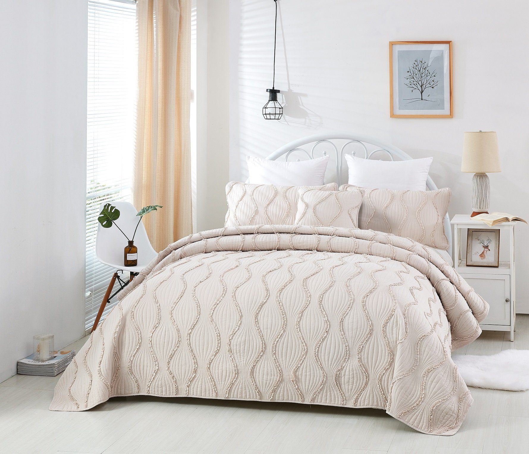 DaDa Bedding Collection DaDa Bedding Soft Charming French Country Ruffles Quilted Cotton Bedspread Set - Ivory Cream Tan (JHW873) | Direct Furnish
