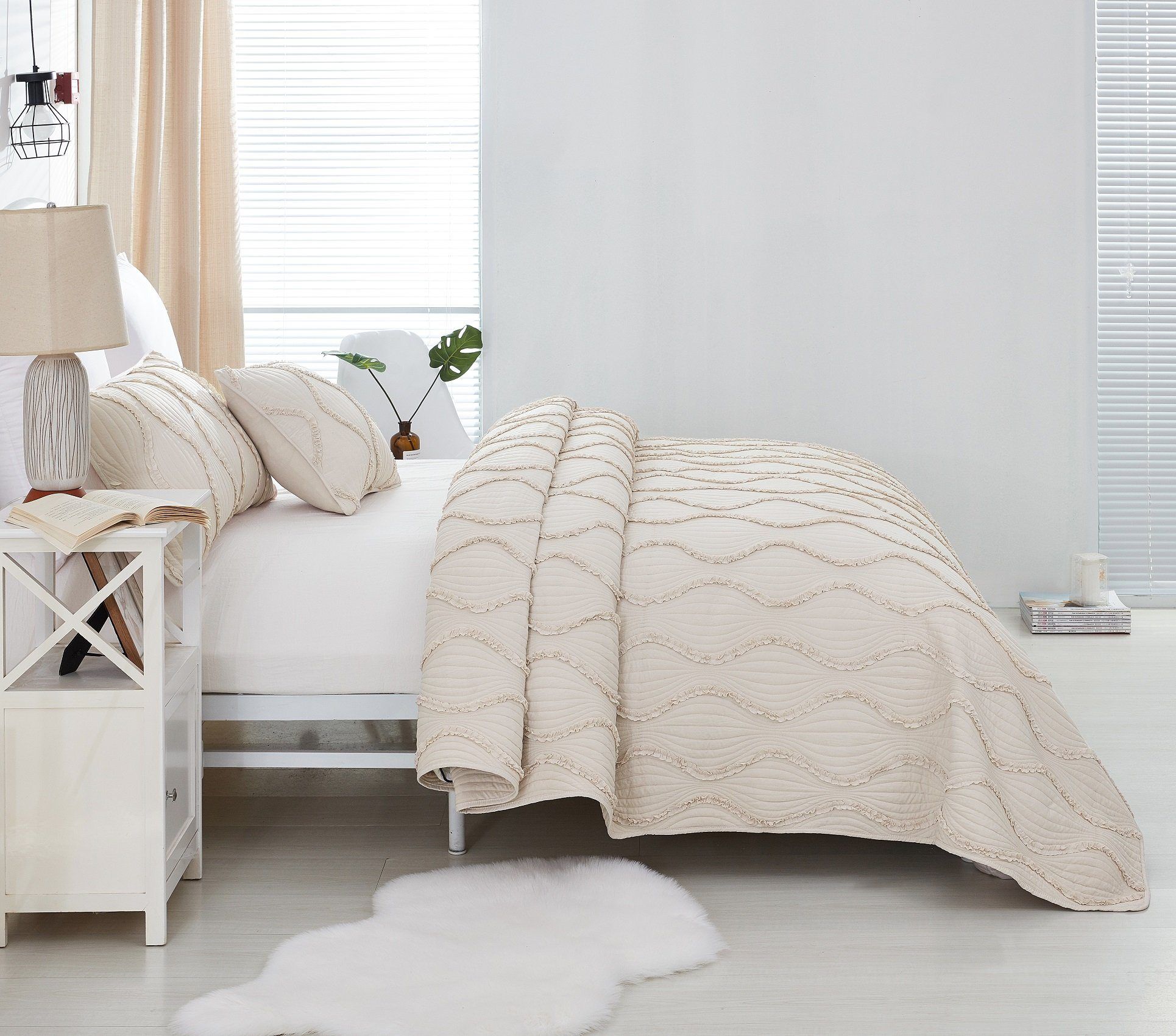 DaDa Bedding Collection DaDa Bedding Soft Charming French Country Ruffles Quilted Cotton Bedspread Set - Ivory Cream Tan (JHW873) | Direct Furnish