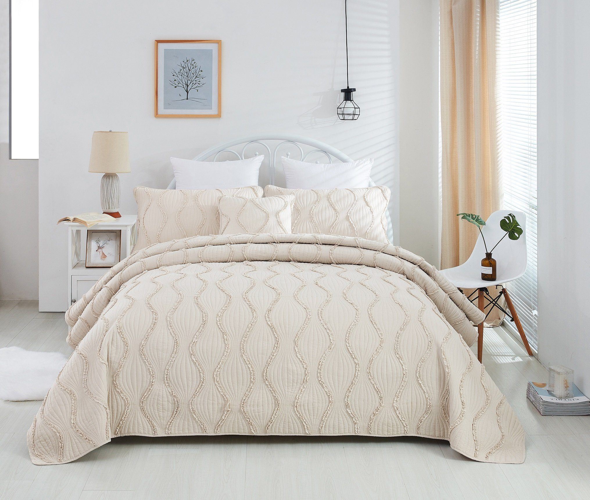 DaDa Bedding Collection DaDa Bedding Soft Charming French Country Ruffles Quilted Cotton Bedspread Set - Ivory Cream Tan (JHW873) | Direct Furnish