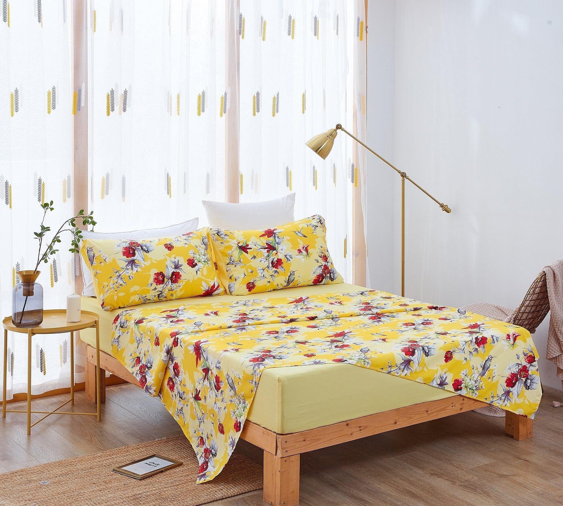 DaDa Bedding Collection DaDa Bedding Sunshine Yellow Hummingbirds Floral Fitted & Flat Bed Sheets Set (JHW - 925) | Direct Furnish