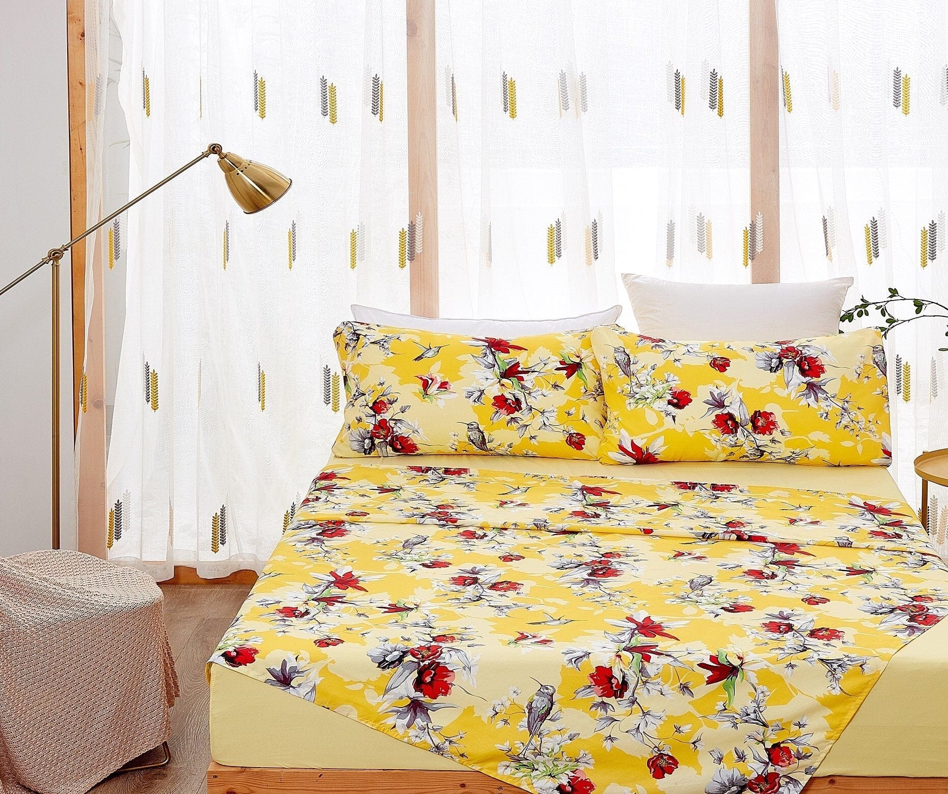 DaDa Bedding Collection DaDa Bedding Sunshine Yellow Hummingbirds Floral Fitted & Flat Bed Sheets Set (JHW - 925) | Direct Furnish