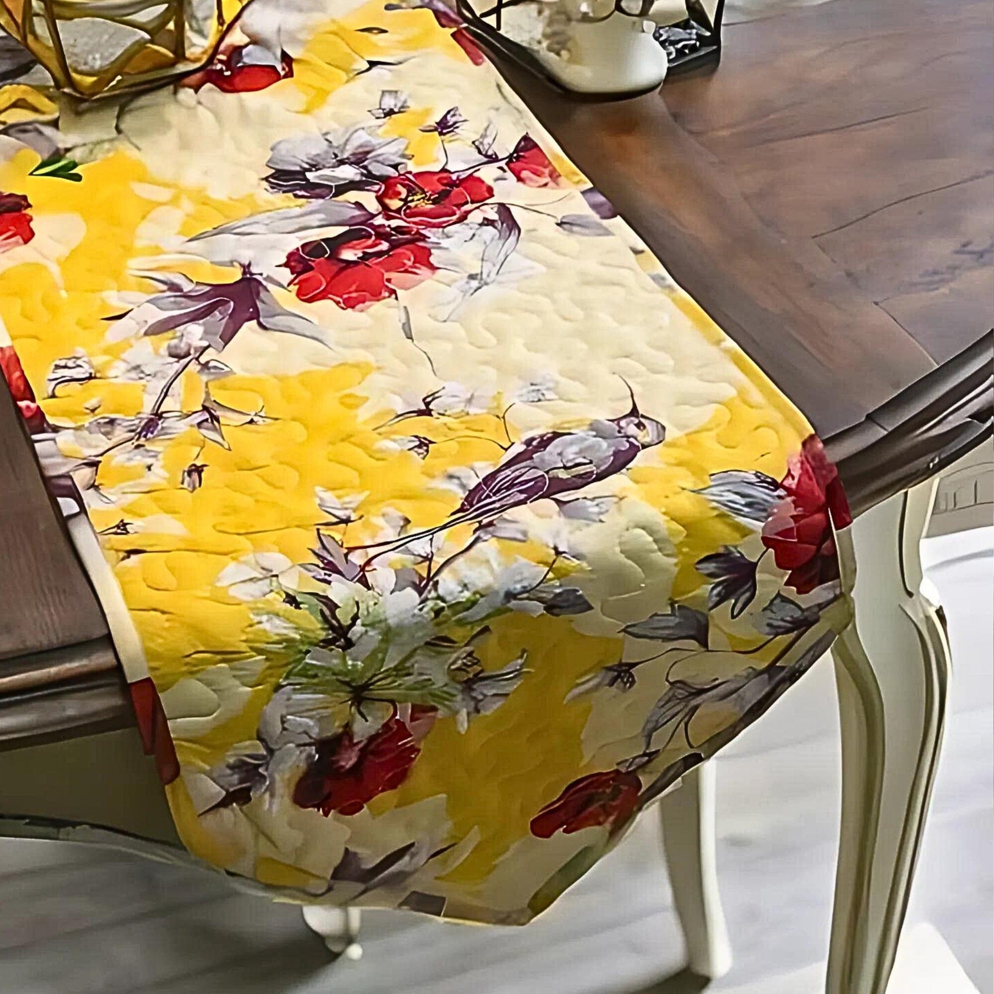 DaDa Bedding Collection DaDalogy Bedding Sunshine Yellow Floral Vintage Hummingbirds Garden Table Runner (925) | Direct Furnish