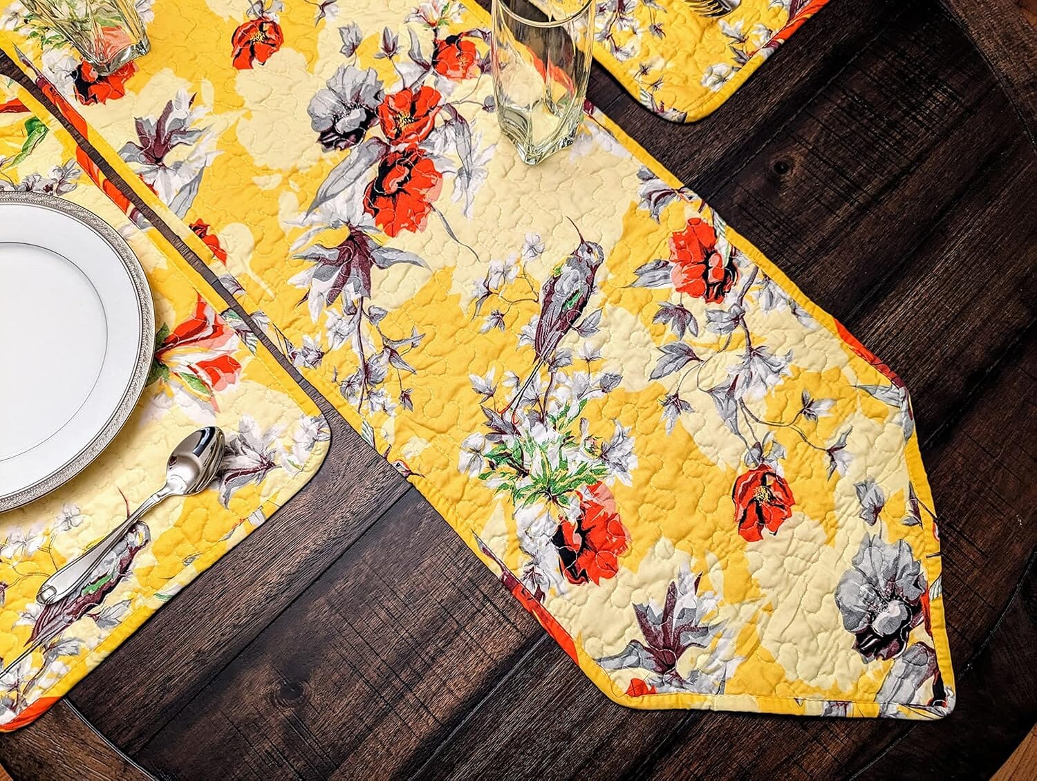 DaDa Bedding Collection DaDalogy Bedding Sunshine Yellow Floral Vintage Hummingbirds Garden Table Runner (925) | Direct Furnish