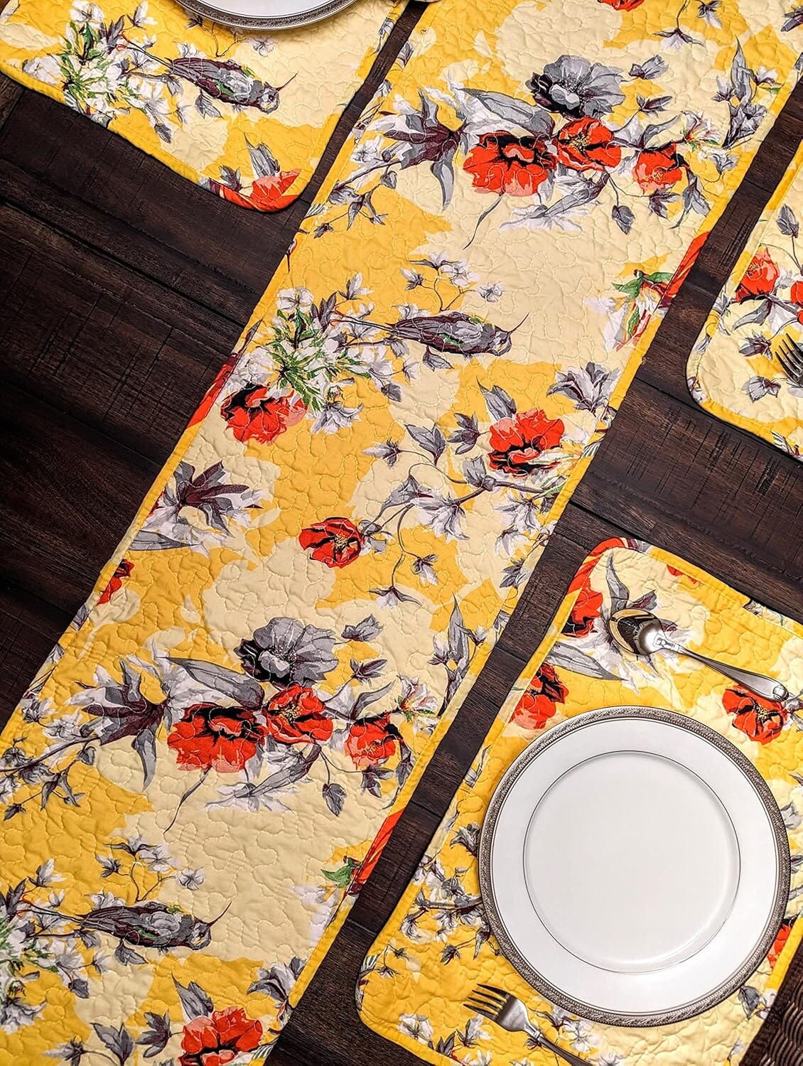 DaDa Bedding Collection DaDalogy Bedding Sunshine Yellow Floral Vintage Hummingbirds Garden Table Runner (925) | Direct Furnish