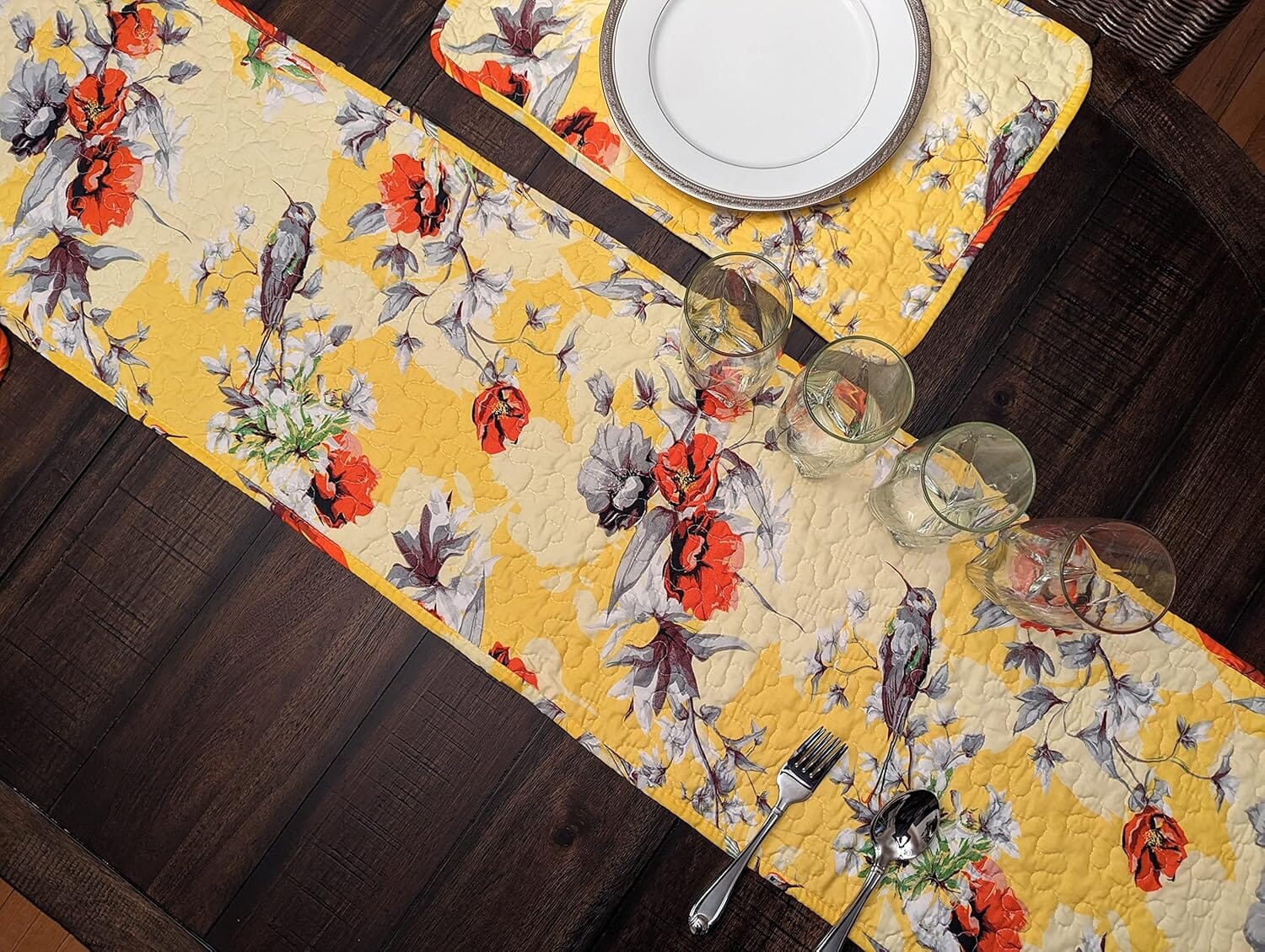 DaDa Bedding Collection DaDalogy Bedding Sunshine Yellow Floral Vintage Hummingbirds Garden Table Runner (925) | Direct Furnish
