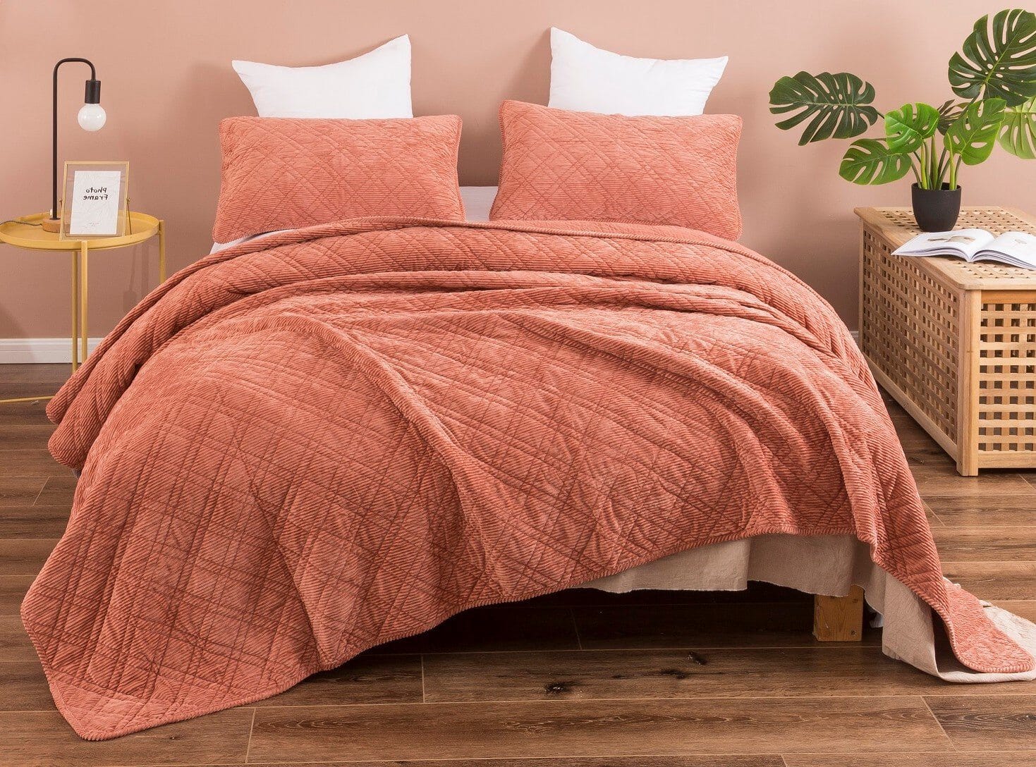 DaDa Bedding Collection DaDalogy Bedding Terracotta Coral Brick Orange Soft Velour Corduroy Bedspread Set (JHW952) | Direct Furnish