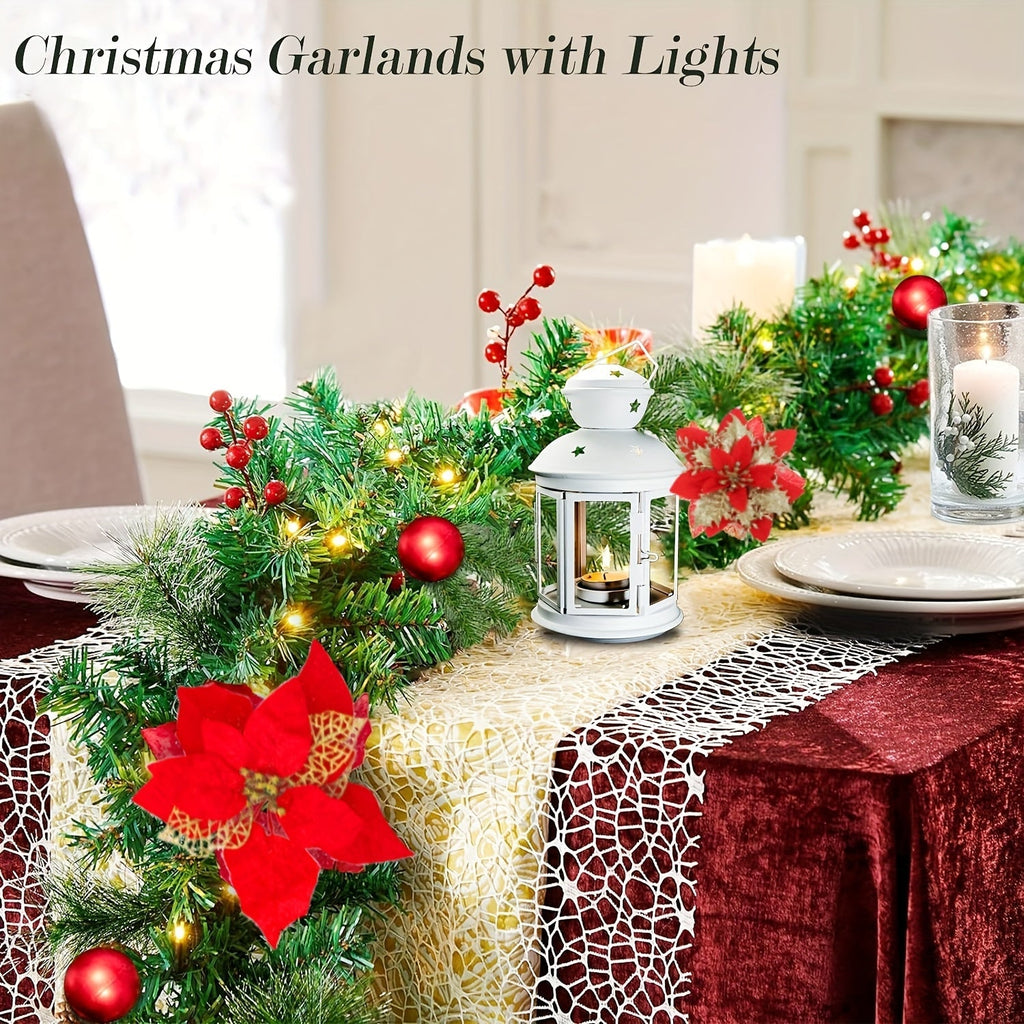 Lighted Christmas Wreath with Red Poinsettia