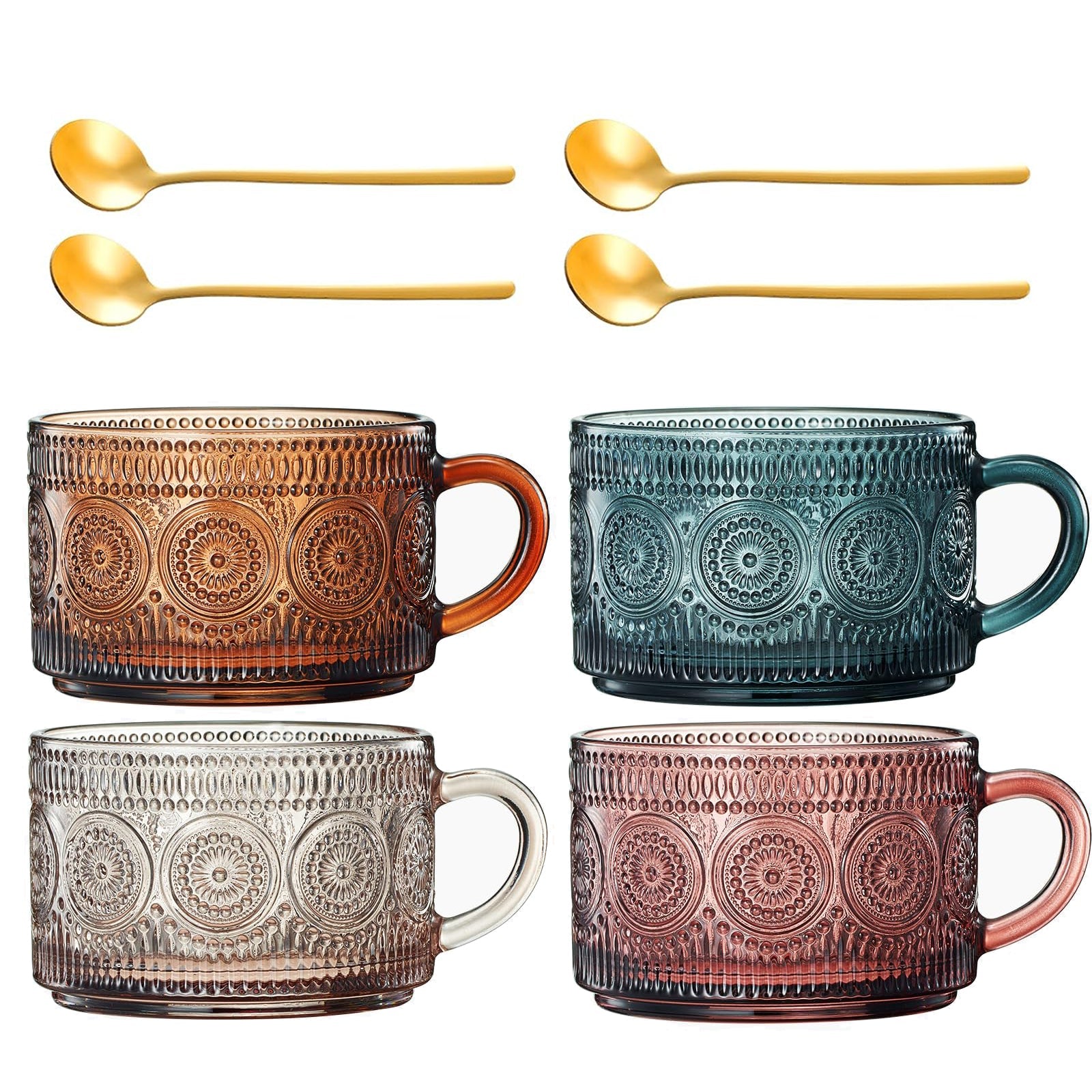 Colored Vintage Coffee Mug Set | Set of 4 | 15oz Unique Flower Hobnail Glasses, Overnight Oats Container with Gold Spoons - Embossed Cups Cute Coffee Bar Accessories, Glassware (Muted)