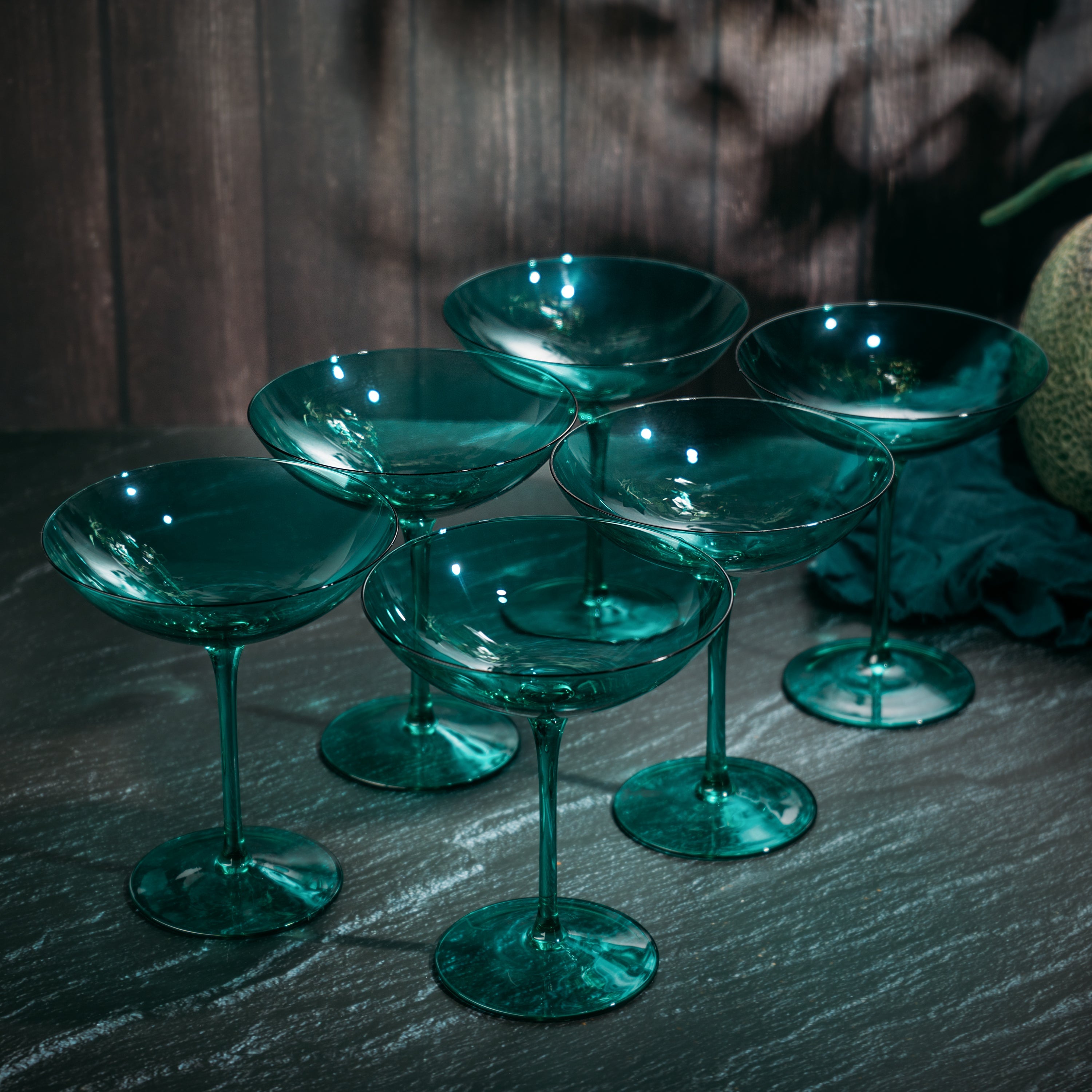The Wine Savant Colored Vintage Glass Coupes 12oz Colorful Cocktail, Martini & Champagne Glasses, Prosecco, Mimosa Glasses Set, Cocktail Glass Set, Bar Glassware Luster Glasses, Modern (6, Teal)