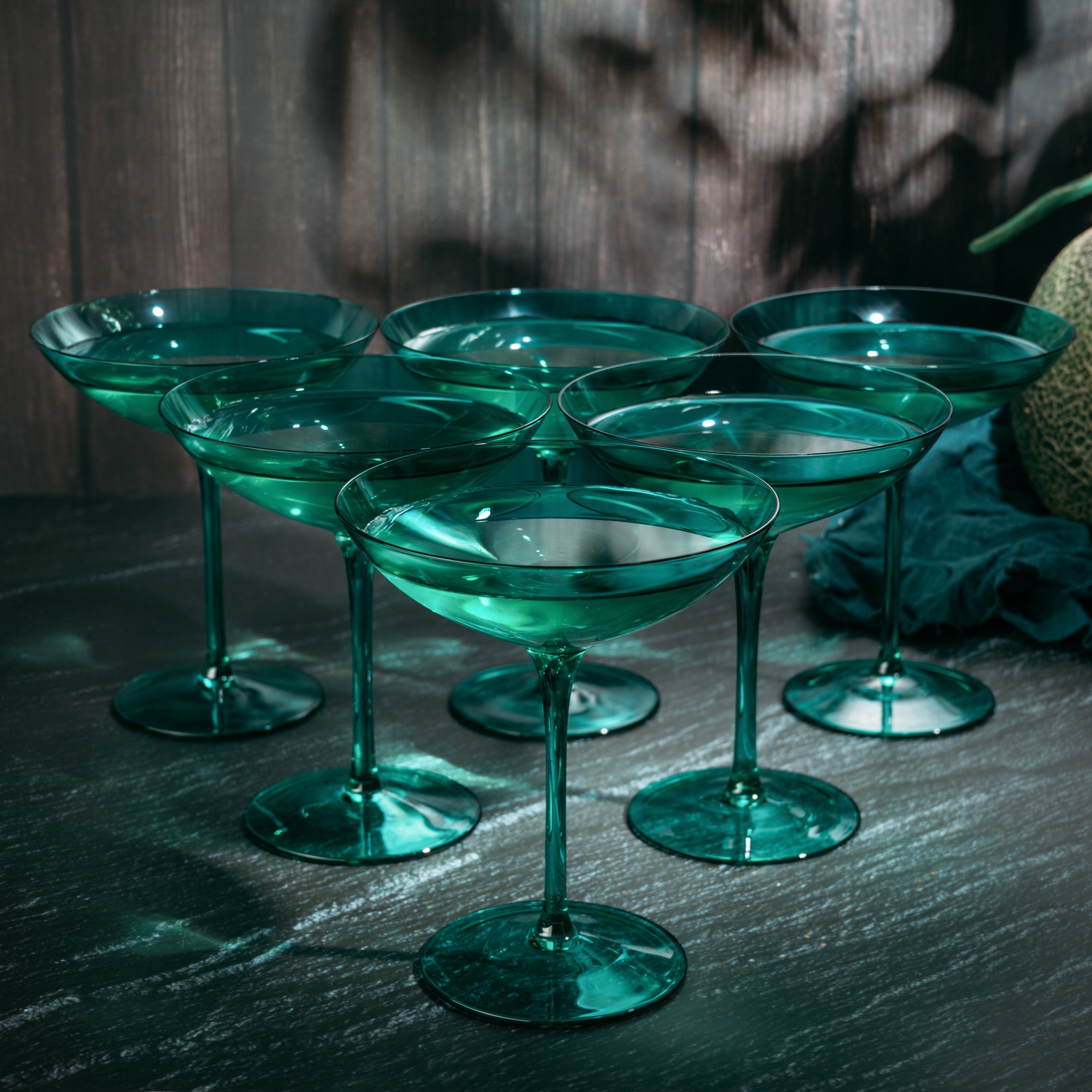 The Wine Savant Colored Vintage Glass Coupes 12oz Colorful Cocktail, Martini & Champagne Glasses, Prosecco, Mimosa Glasses Set, Cocktail Glass Set, Bar Glassware Luster Glasses, Modern (6, Teal)