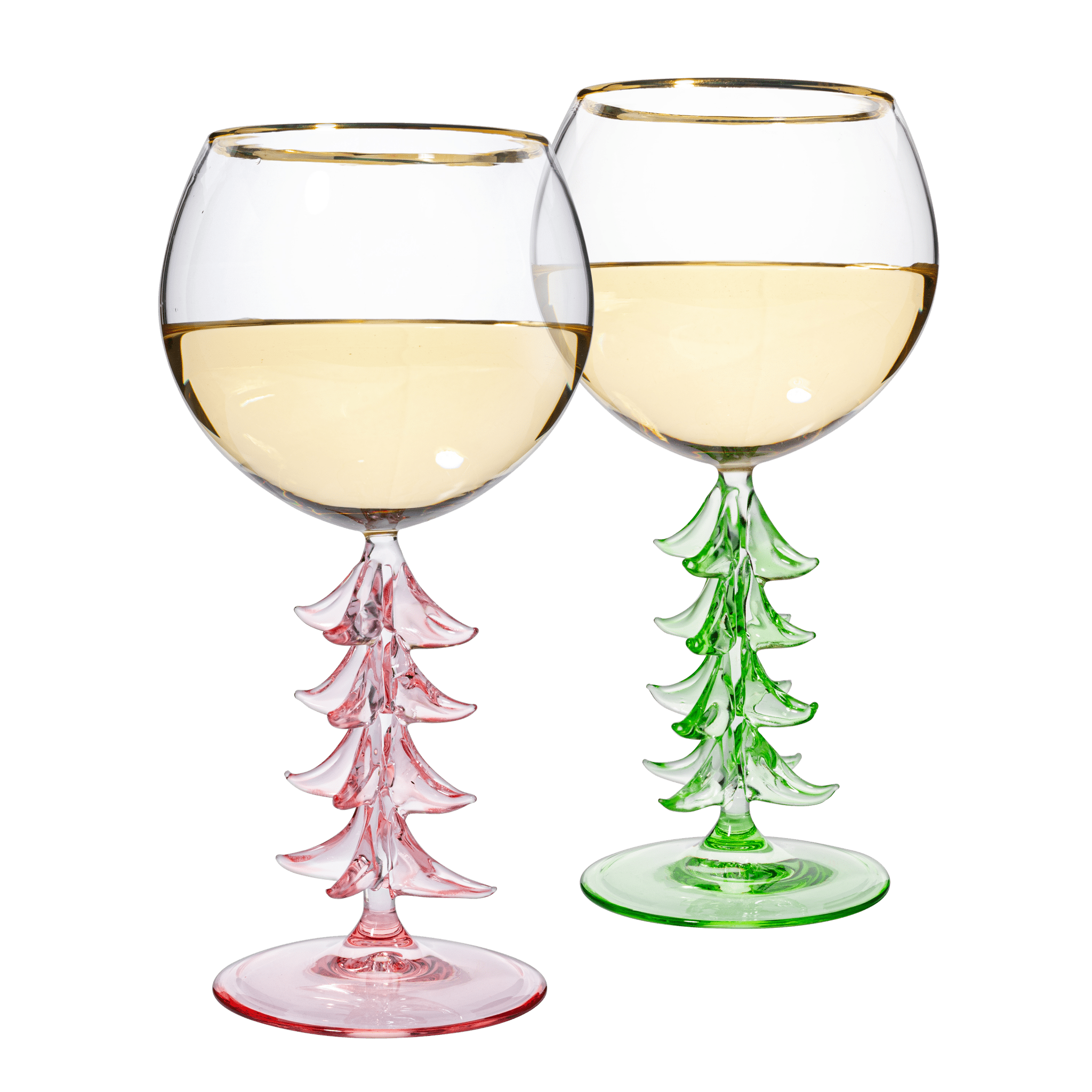 The Wine Savant Crystal Christmas Holiday Tree Stemmed Wine Glass - Pink & Green - 12oz Goblet Bordeaux Gold Rim Colored Glassware, Cheerful Party Festive New Years Cheer for Holiday Gift Xmas & Winter Season | Direct Furnish