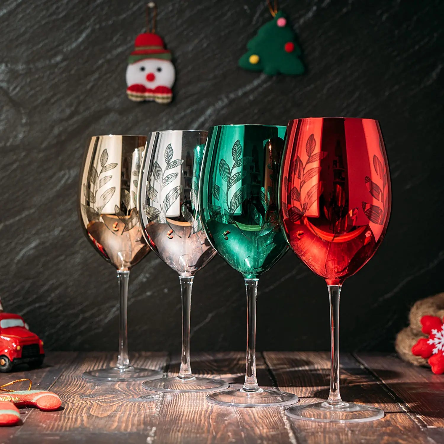 The Wine Savant Multicolor 4 - Piece Tree Stemless Wine & Water Glasses - Shining Red Green Yellow Silver, Perfect Housewarming Parties, Unique, Elegant Glassware, Glass Trees Decor, Kitchen Home Decorations (Stemmed) | Direct Furnish