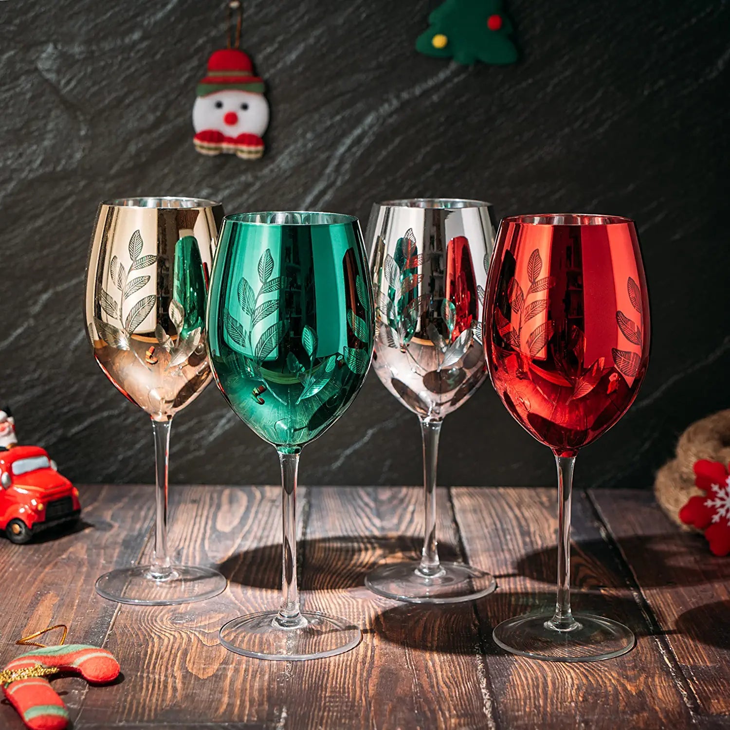 The Wine Savant Multicolor 4 - Piece Tree Stemless Wine & Water Glasses - Shining Red Green Yellow Silver, Perfect Housewarming Parties, Unique, Elegant Glassware, Glass Trees Decor, Kitchen Home Decorations (Stemmed) | Direct Furnish