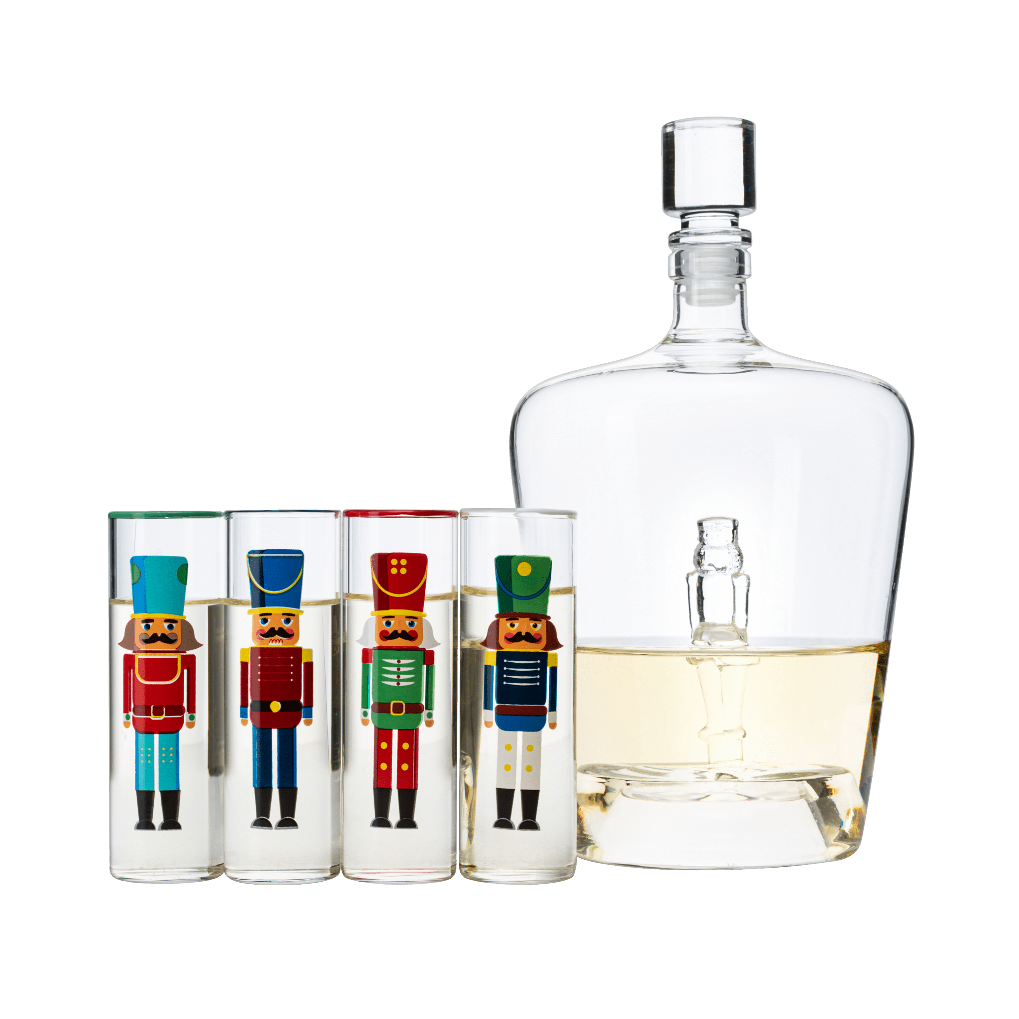The Wine Savant Nutcracker Decanter & Glasses, Set of 5 - Glassware Nutcrackers Theme & Shot Glass, Wine & Spirits - 40oz Bottle & 2oz - Holiday Spirit & Cheer Decor, Festive Themed Winter, Xmas Decorations | Direct Furnish
