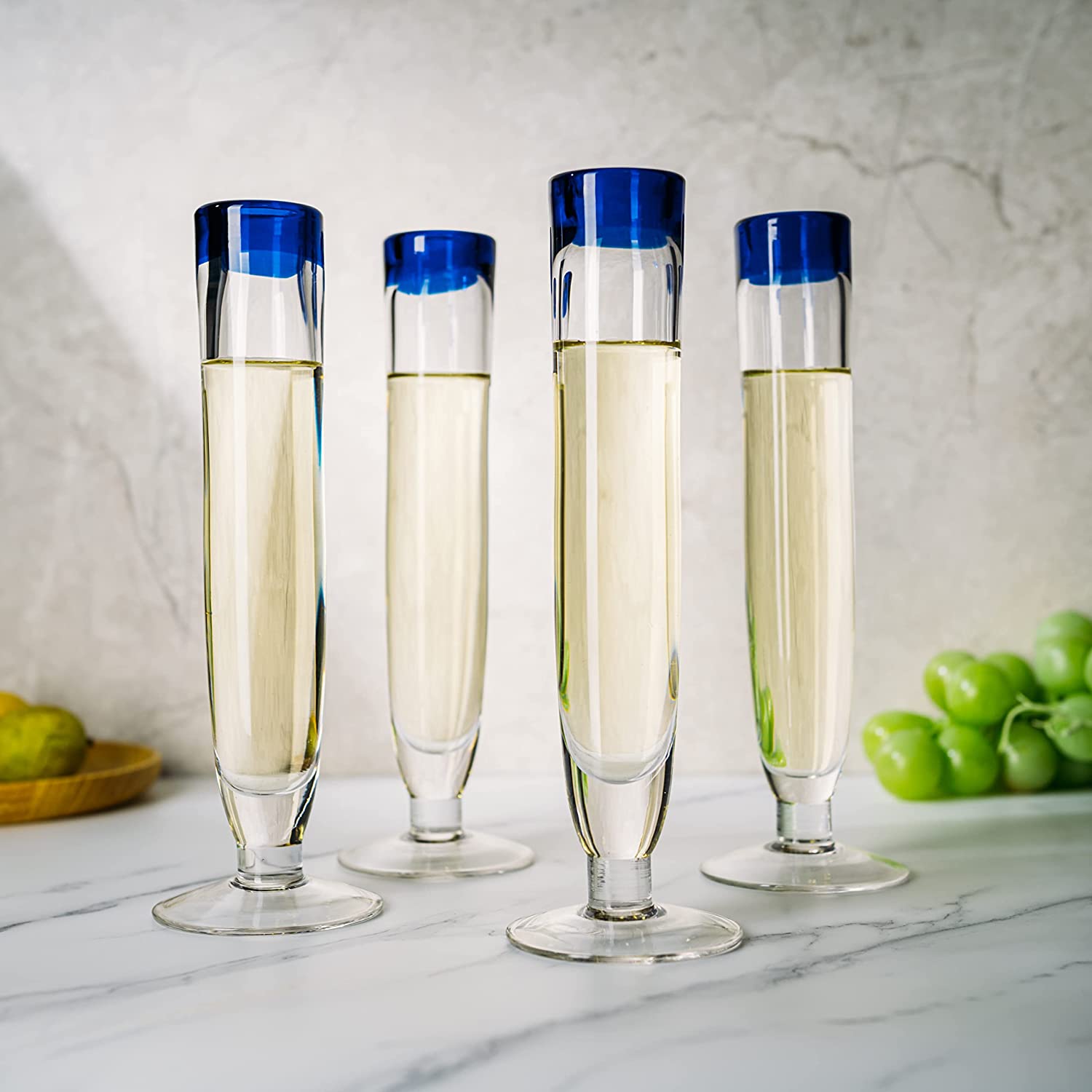 The Wine Savant Tall Recycled Champagne Flutes - Set of 4 - Mexican Hand Blown Cobalt Blue Rim Flute – Luxury Mexican Thick Glassware 7oz, Juice & Cocktail Drinking Glass Holiday Celebration, Weddings, Anniversary | Direct Furnish