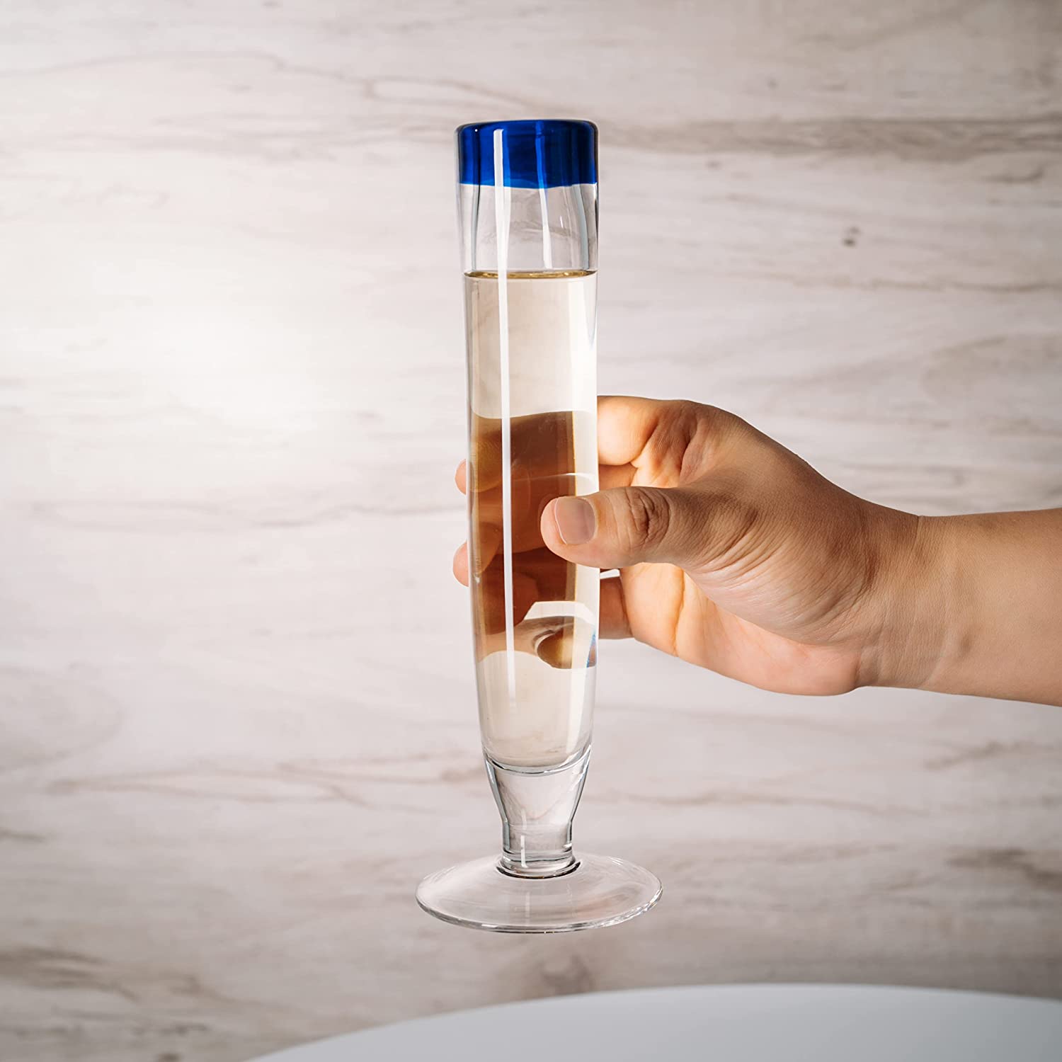 The Wine Savant Tall Recycled Champagne Flutes - Set of 4 - Mexican Hand Blown Cobalt Blue Rim Flute – Luxury Mexican Thick Glassware 7oz, Juice & Cocktail Drinking Glass Holiday Celebration, Weddings, Anniversary | Direct Furnish