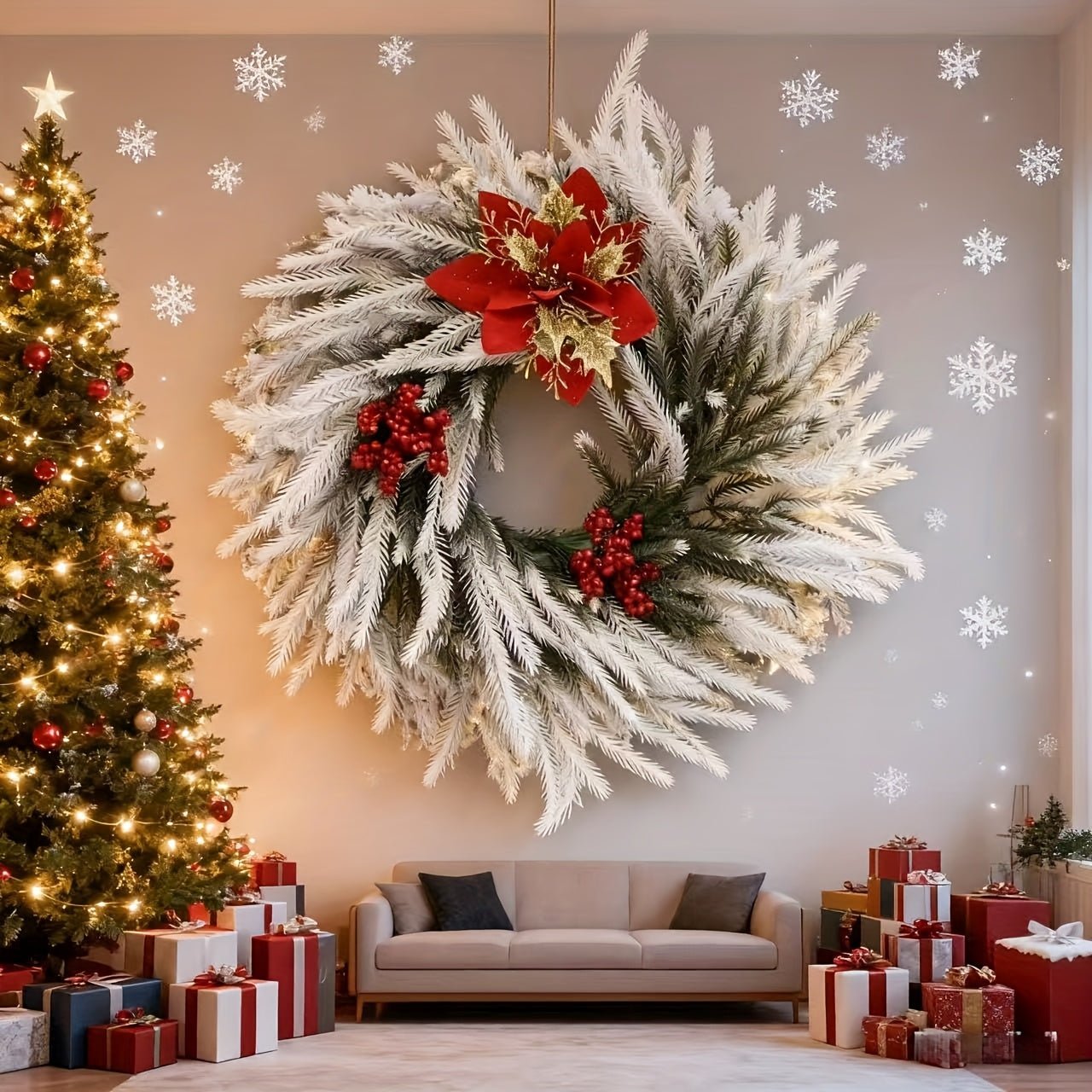 TM White Christmas Wreath with Red Berries | Direct Furnish